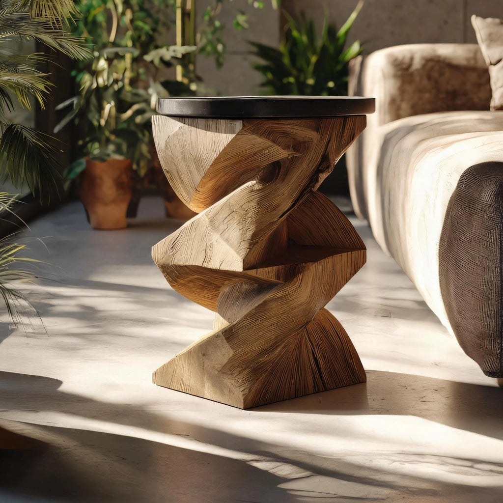 Twisted Solid Wood Sculptural Side Table for Contemporary Interiors