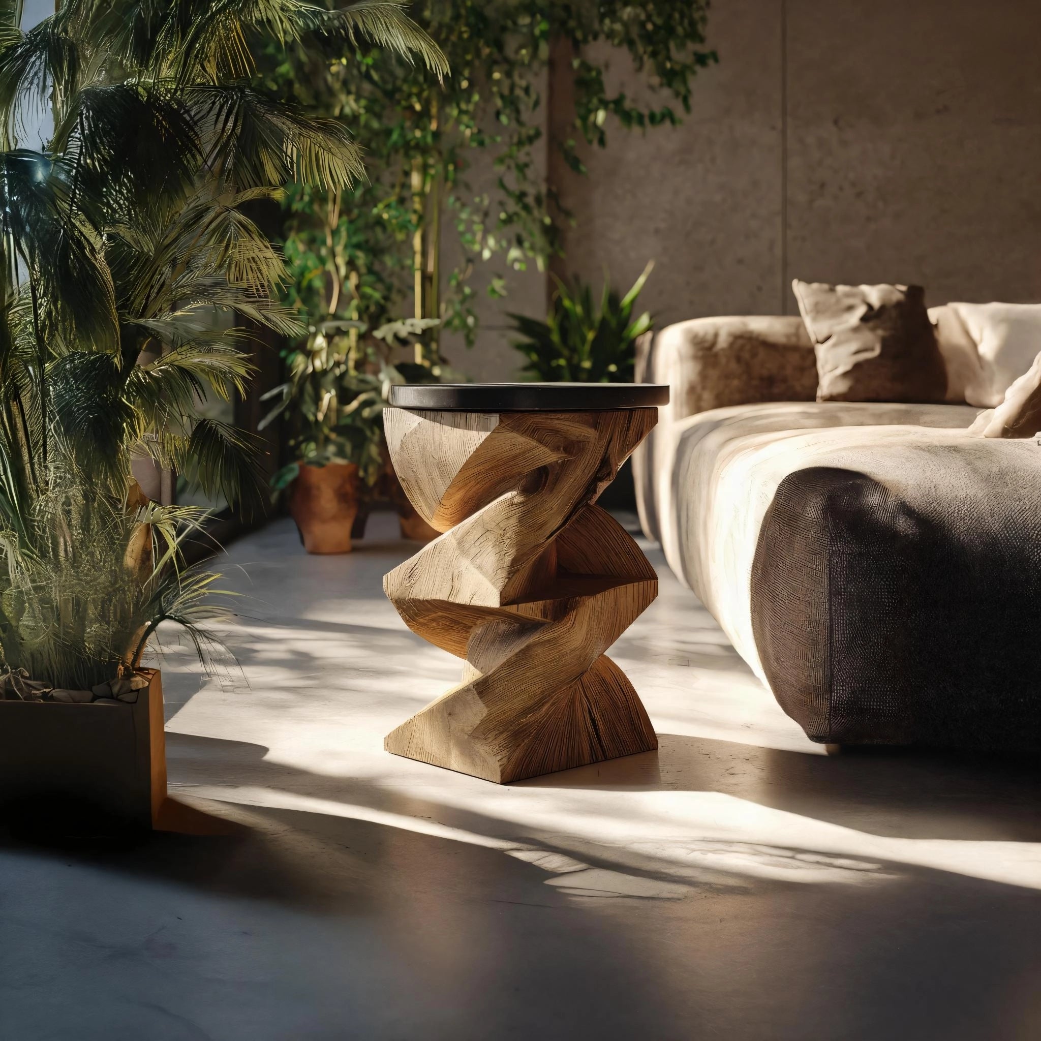 Twisted Solid Wood Sculptural Side Table for Contemporary Interiors