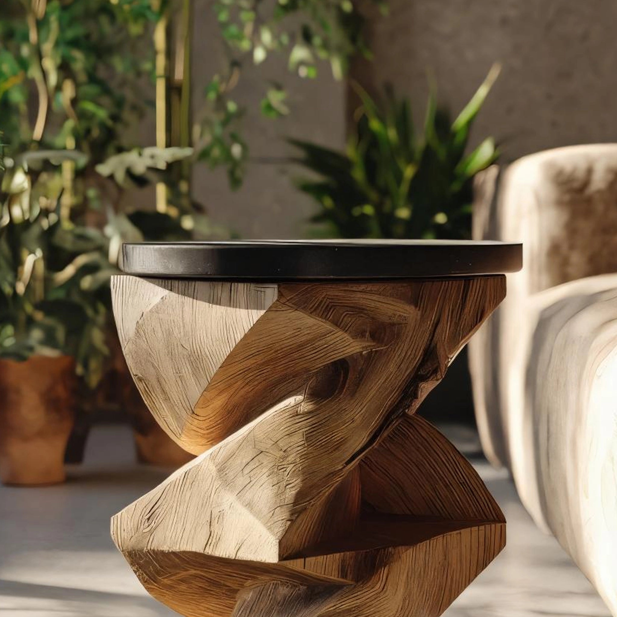 Twisted Solid Wood Sculptural Side Table for Contemporary Interiors