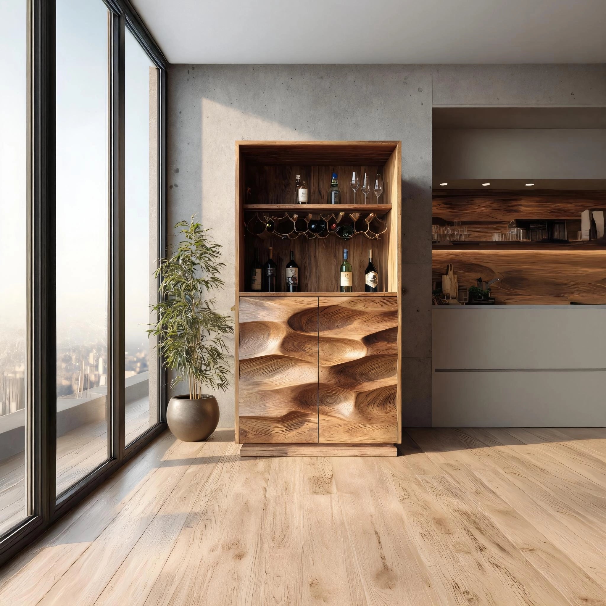 Solid Wood Sculptural Bar Cabinet for Modern Interiors