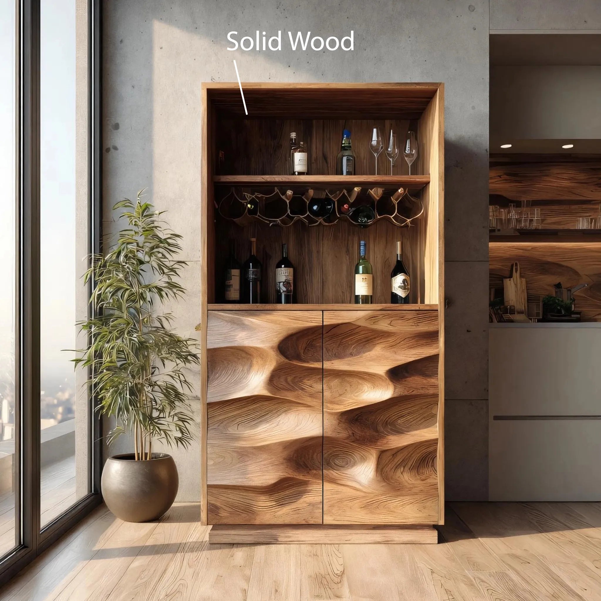 Solid Wood Sculptural Bar Cabinet for Modern Interiors