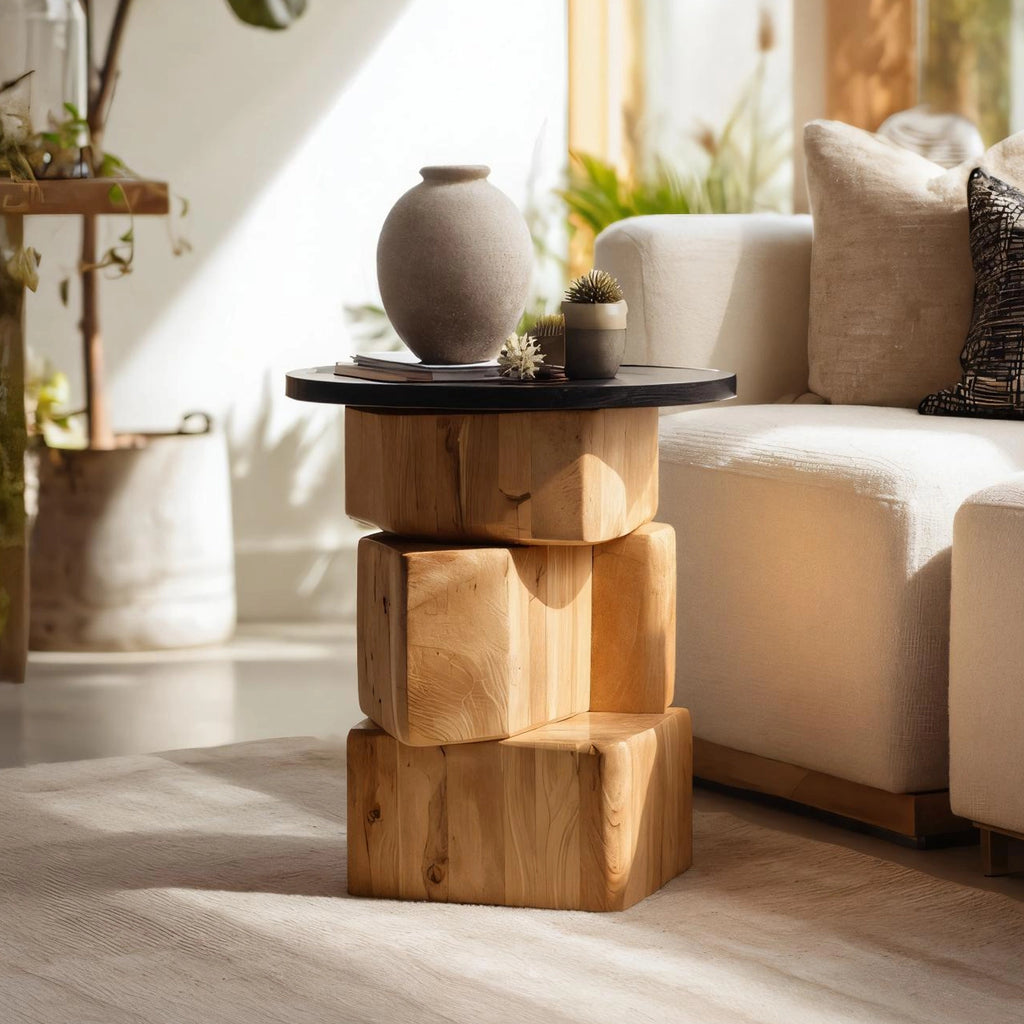 Stacked Block Solid Wood Side Table for Contemporary Living Rooms