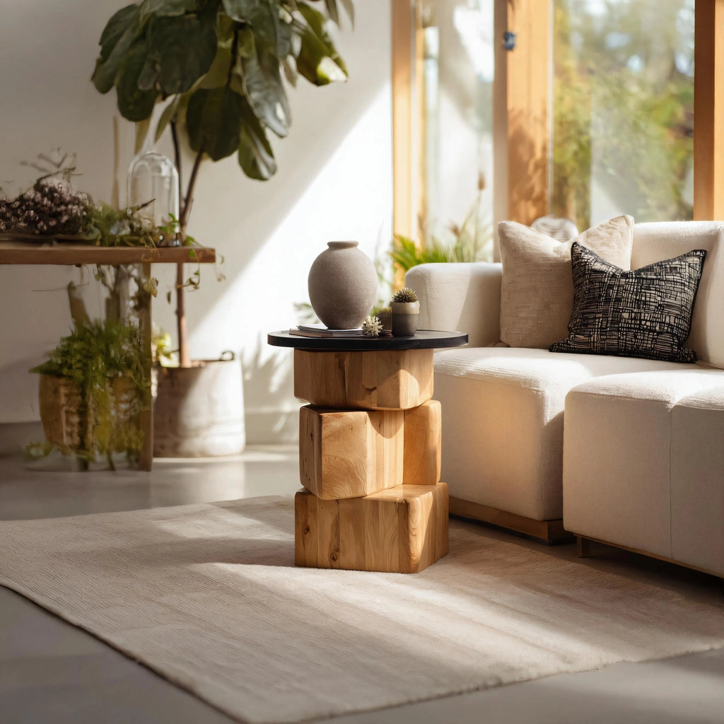 Stacked Block Solid Wood Side Table for Contemporary Living Rooms