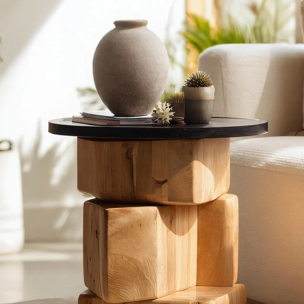 Stacked Block Solid Wood Side Table for Contemporary Living Rooms