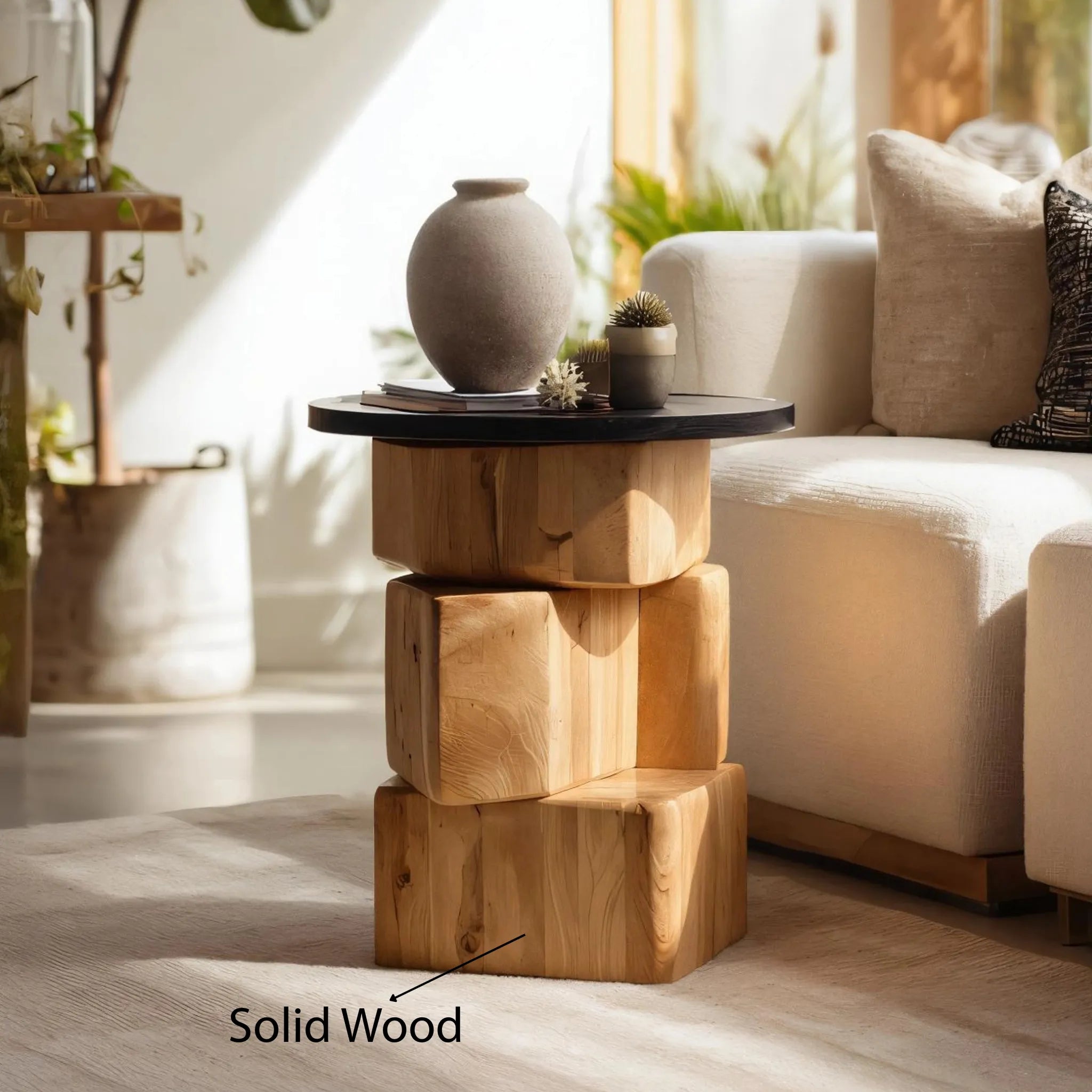 Stacked Block Solid Wood Side Table for Contemporary Living Rooms