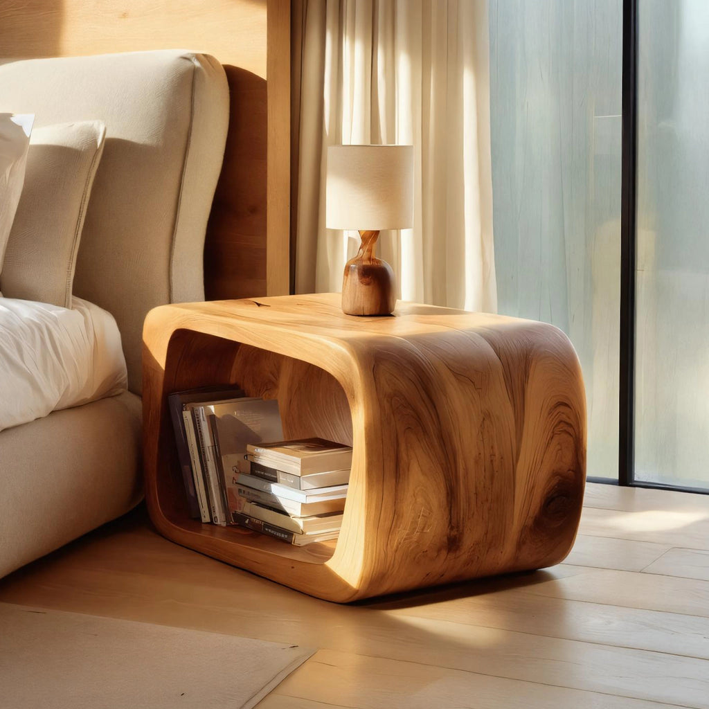 Sculptural Solid Wood Open Nightstand for Modern Bedrooms