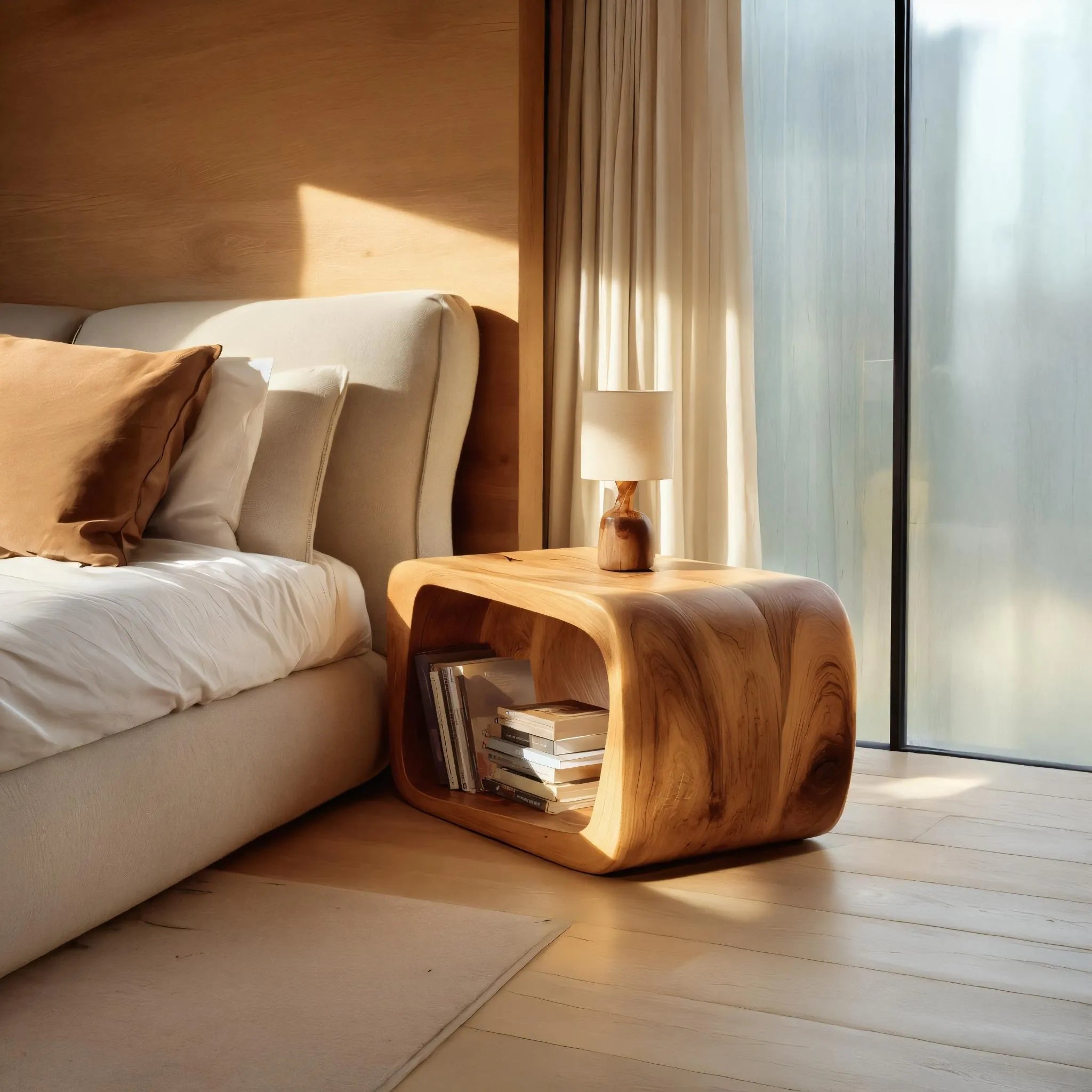 Sculptural Solid Wood Open Nightstand for Modern Bedrooms