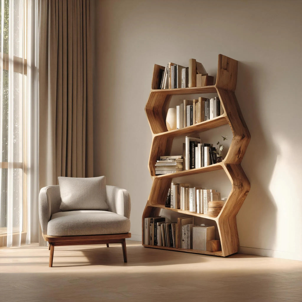 Angular Solid Wood Bookshelf for Contemporary Interiors