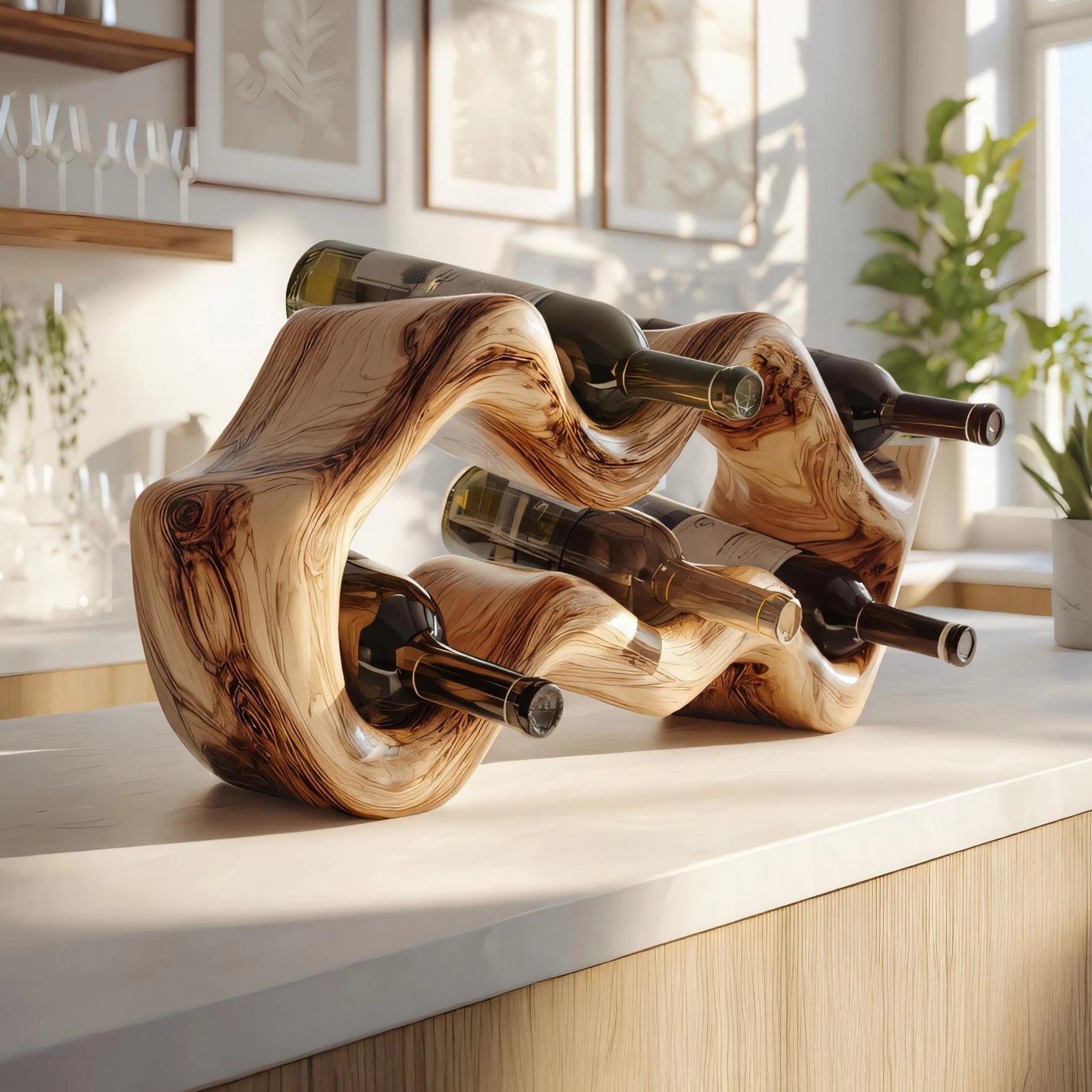 Organic Solid Wood Sculptural Wine Rack for Modern Kitchens