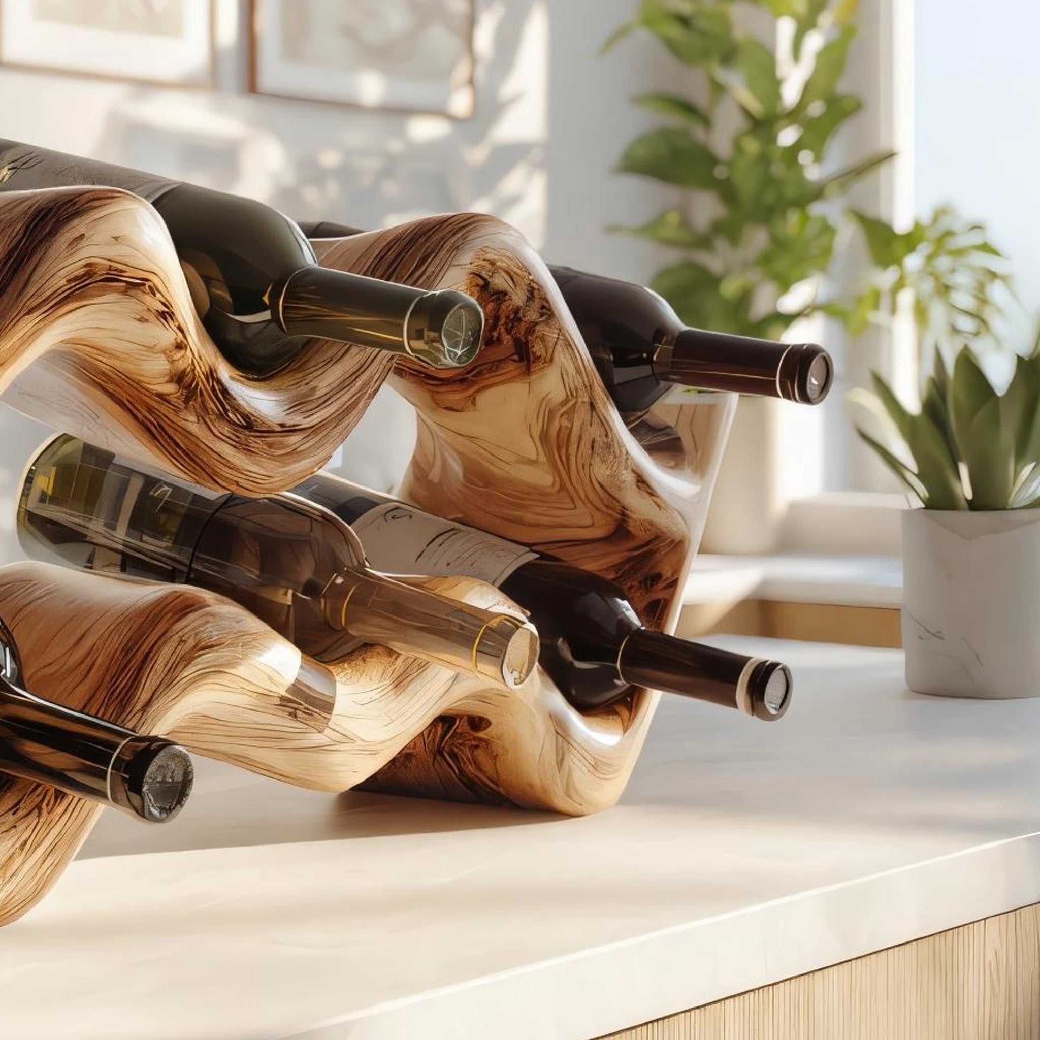 Organic Solid Wood Sculptural Wine Rack for Modern Kitchens