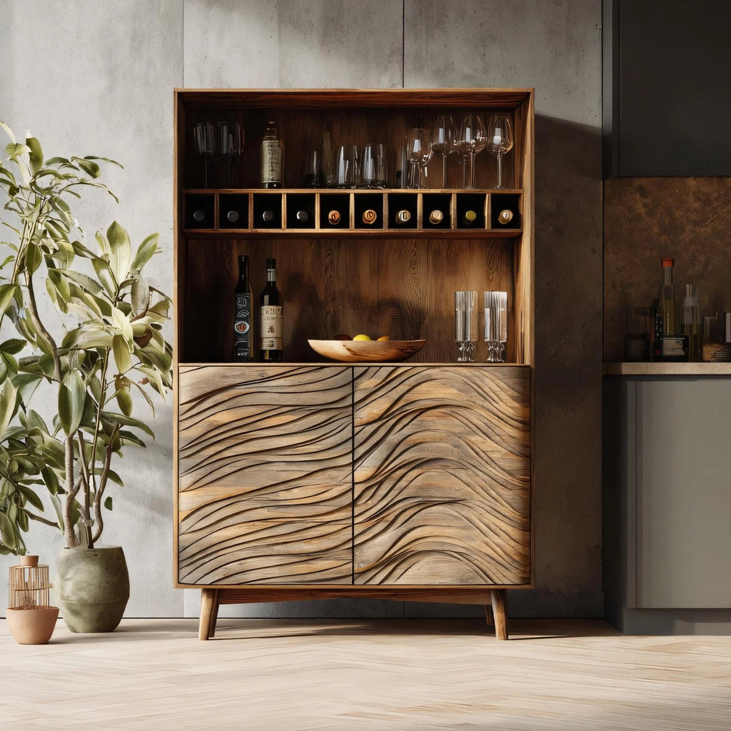 Wave Front Solid Wood Bar Cabinet for Organic Modern Style