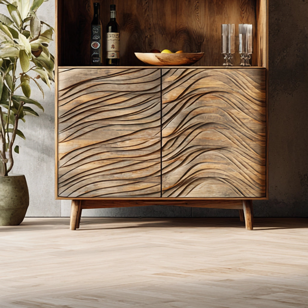 Wave Front Solid Wood Bar Cabinet for Organic Modern Style