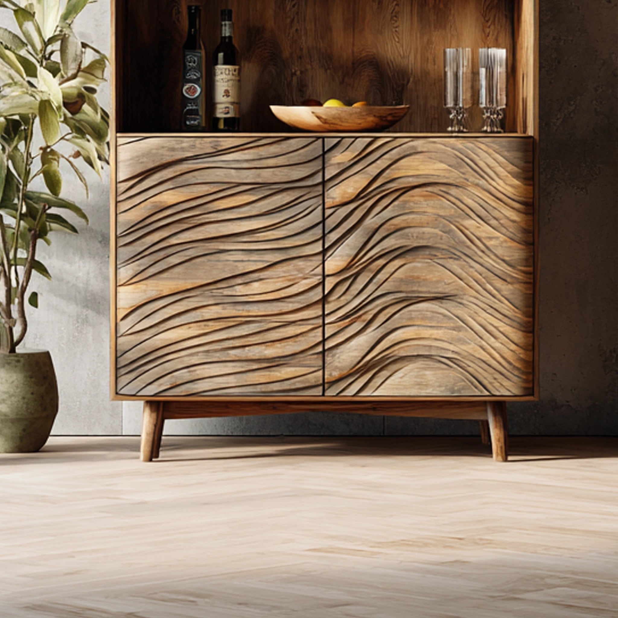 Wave Front Solid Wood Bar Cabinet for Organic Modern Style