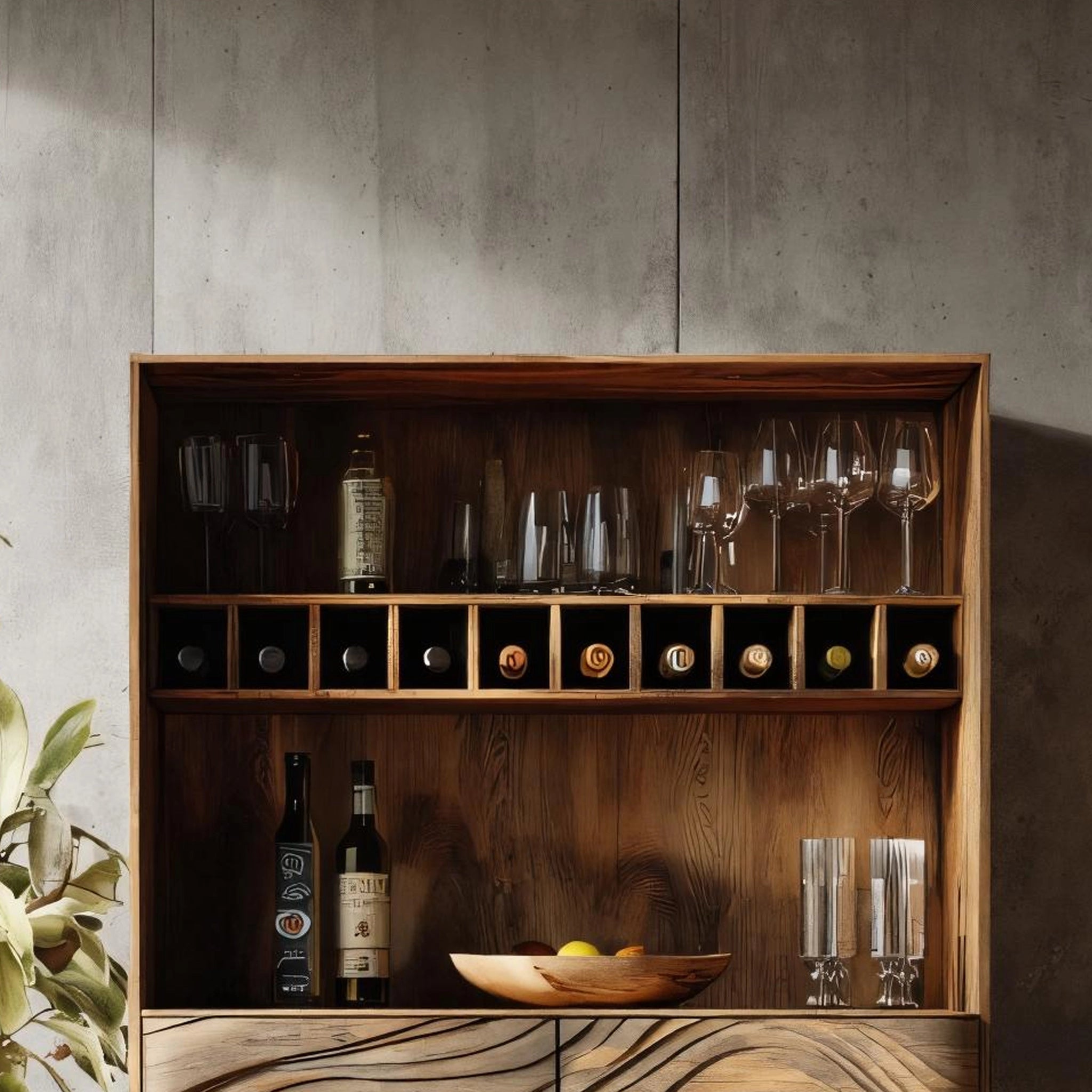 Wave Front Solid Wood Bar Cabinet for Organic Modern Style