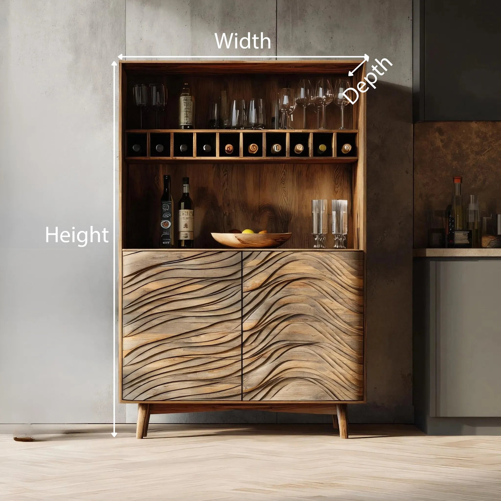 Wave Front Solid Wood Bar Cabinet for Organic Modern Style