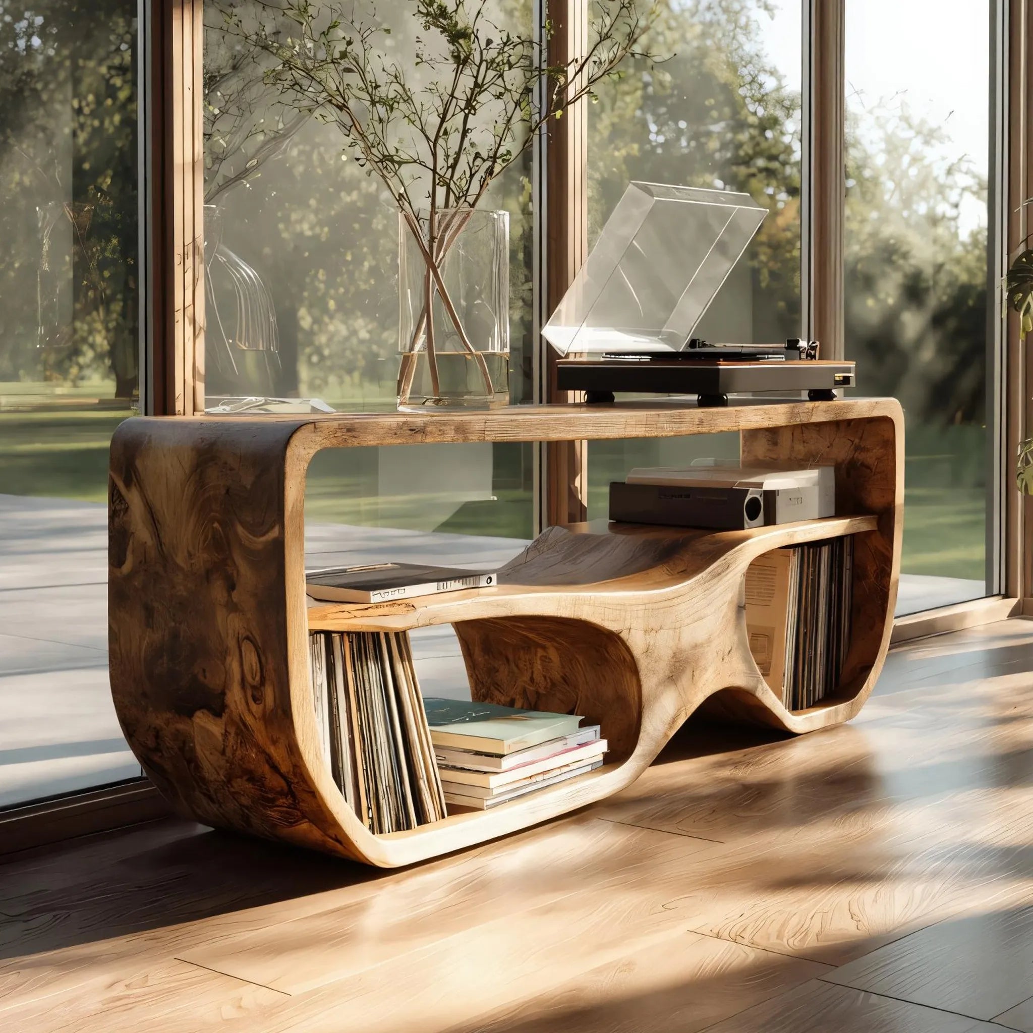 Sculptural Solid Wood Media Console for Vinyl Lovers
