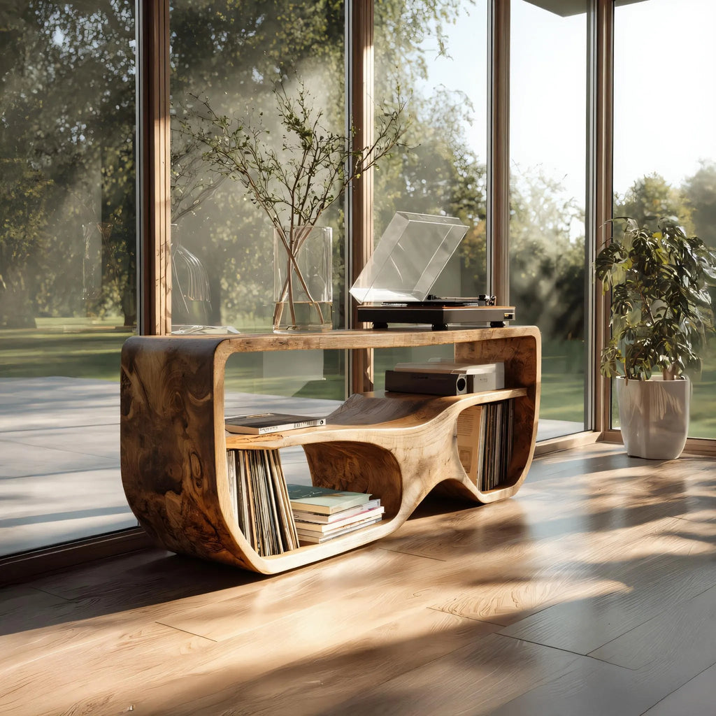 Sculptural Solid Wood Media Console for Vinyl Lovers