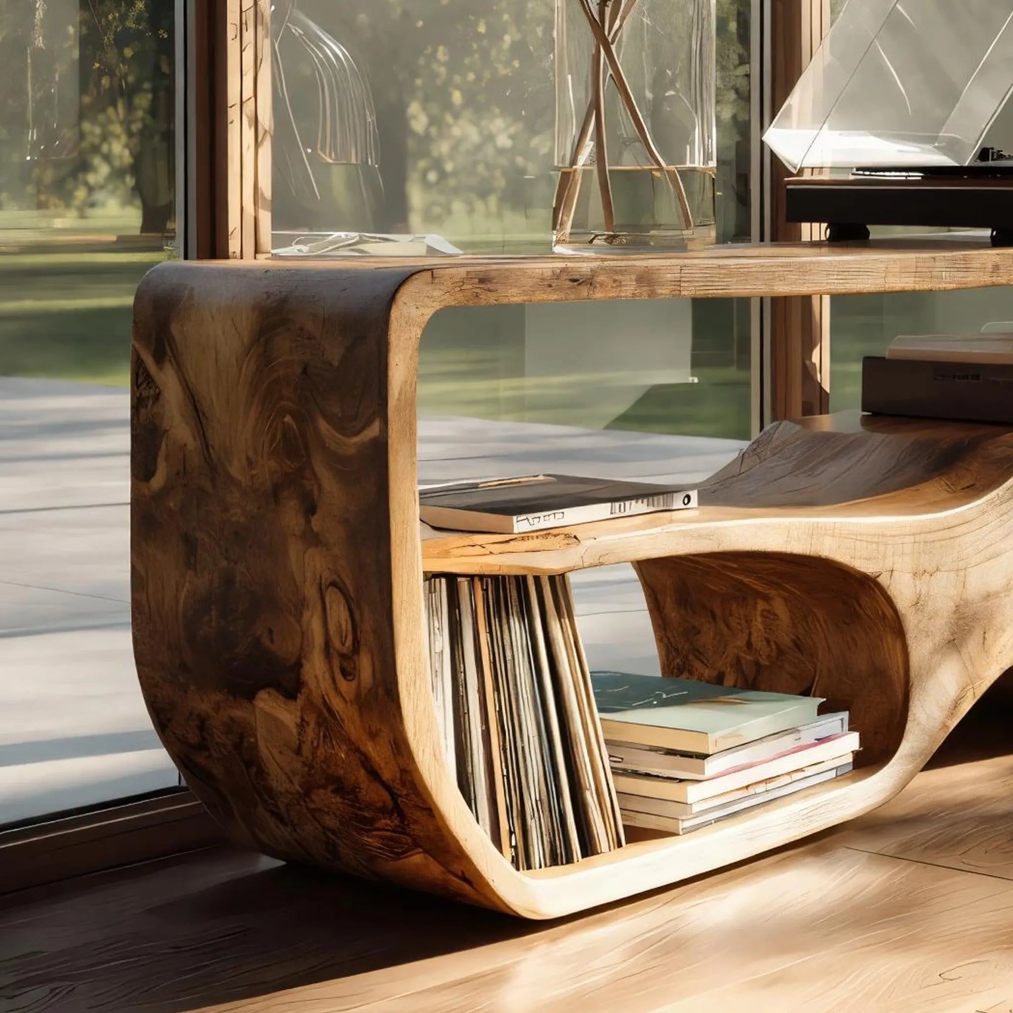 Sculptural Solid Wood Media Console for Vinyl Lovers
