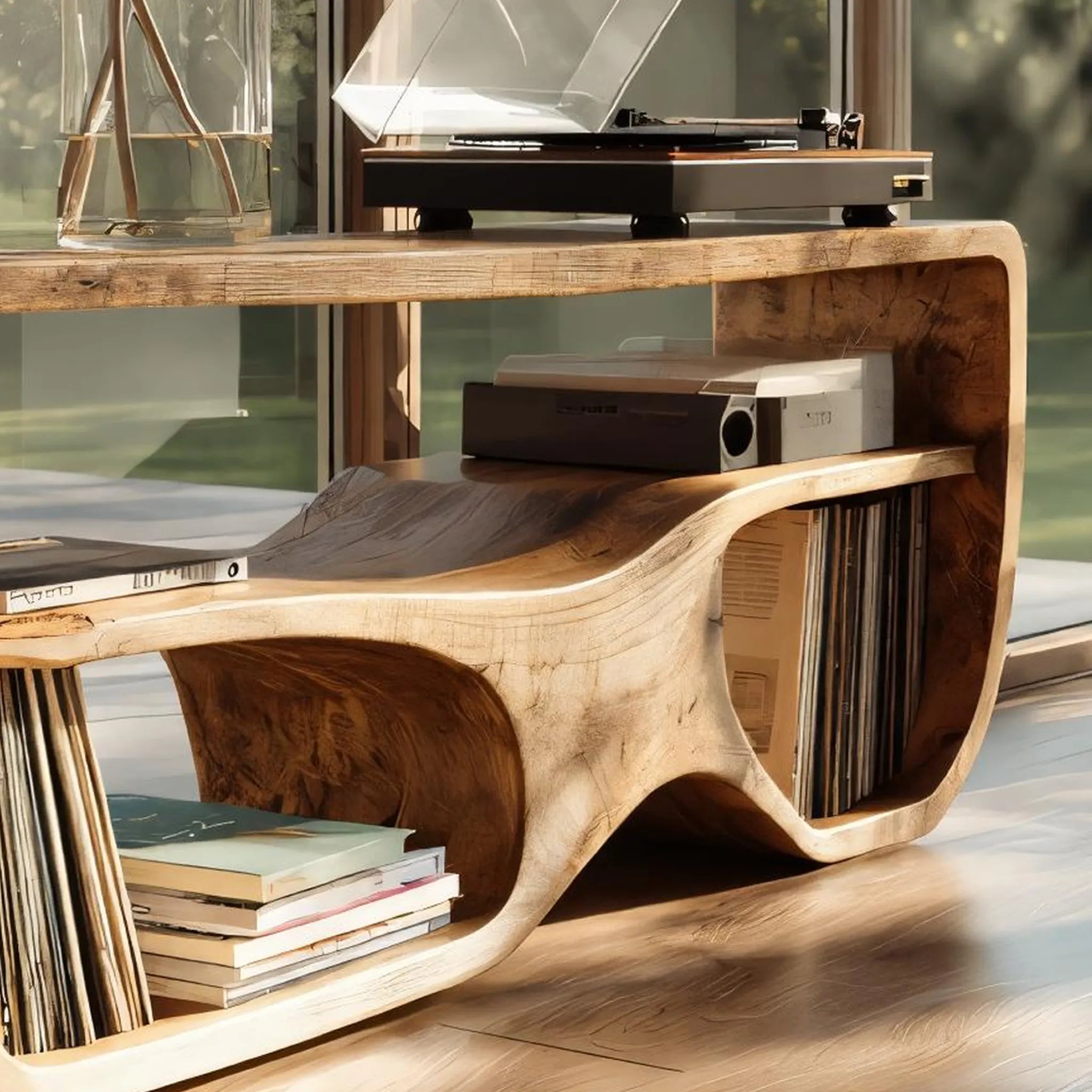 Sculptural Solid Wood Media Console for Vinyl Lovers