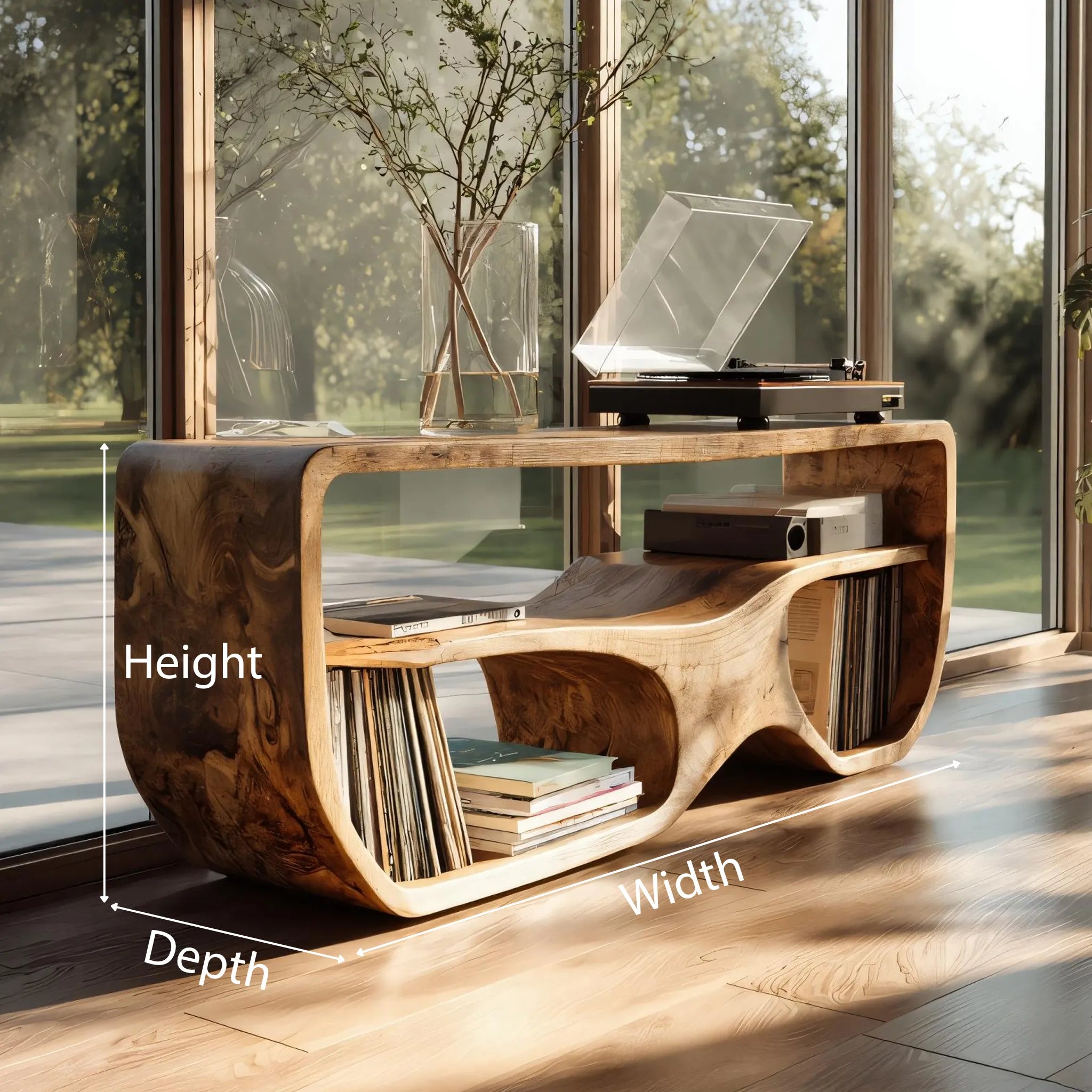 Sculptural Solid Wood Media Console for Vinyl Lovers