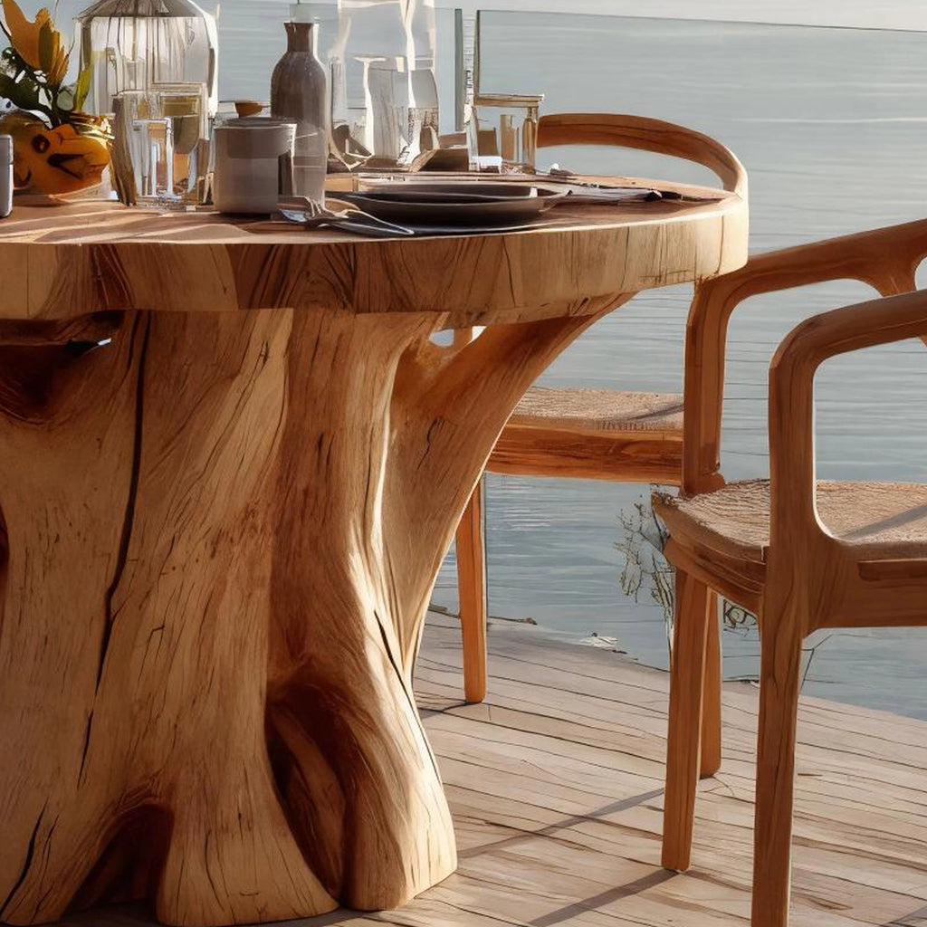 Round Solid Wood Dining Table with Tree-Trunk Base for Coastal Living