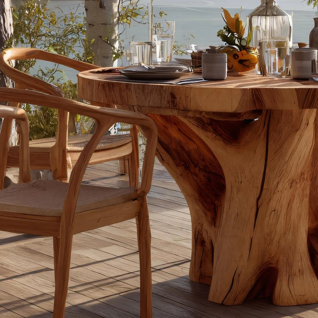 Round Solid Wood Dining Table with Tree-Trunk Base for Coastal Living