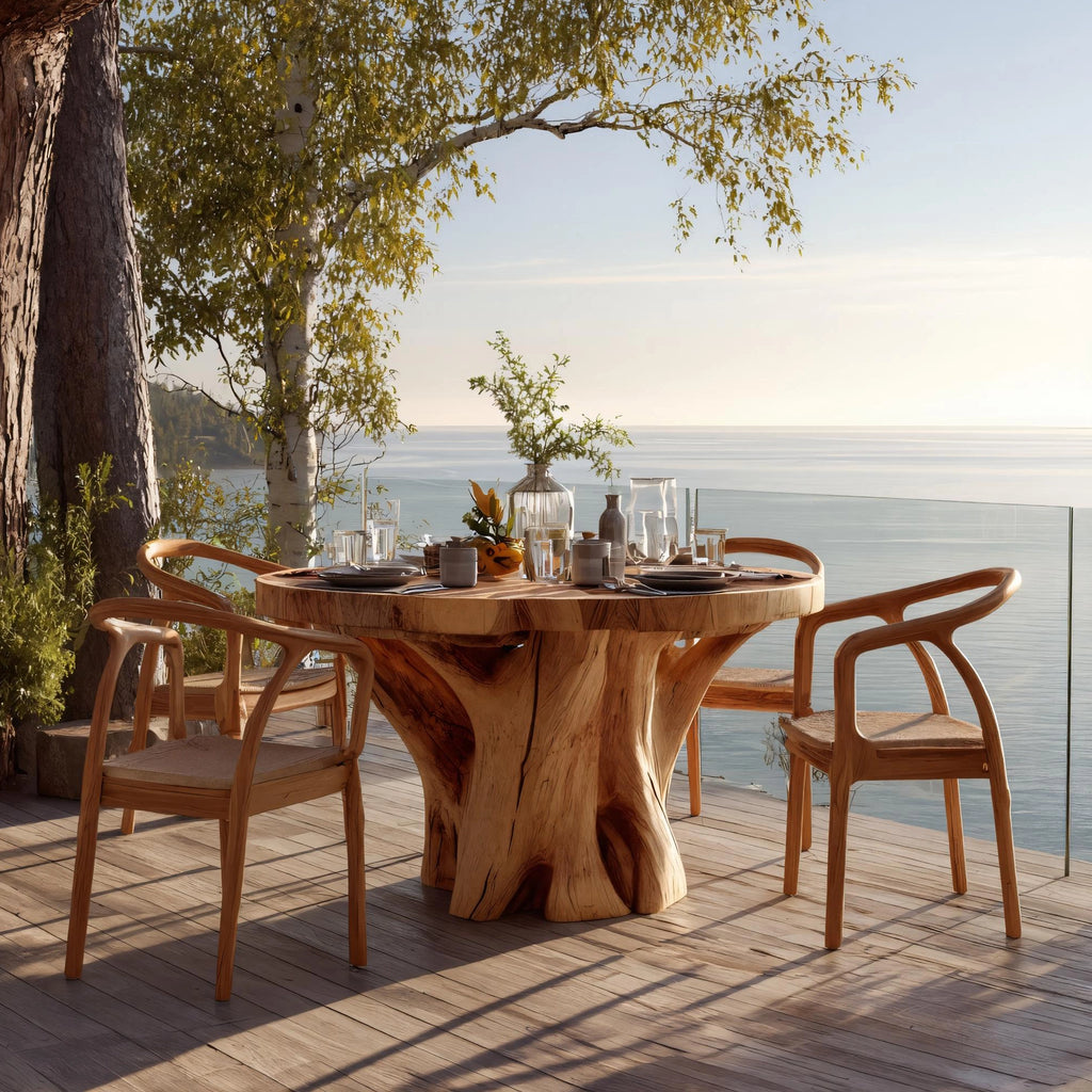 Round Solid Wood Dining Table with Tree-Trunk Base for Coastal Living