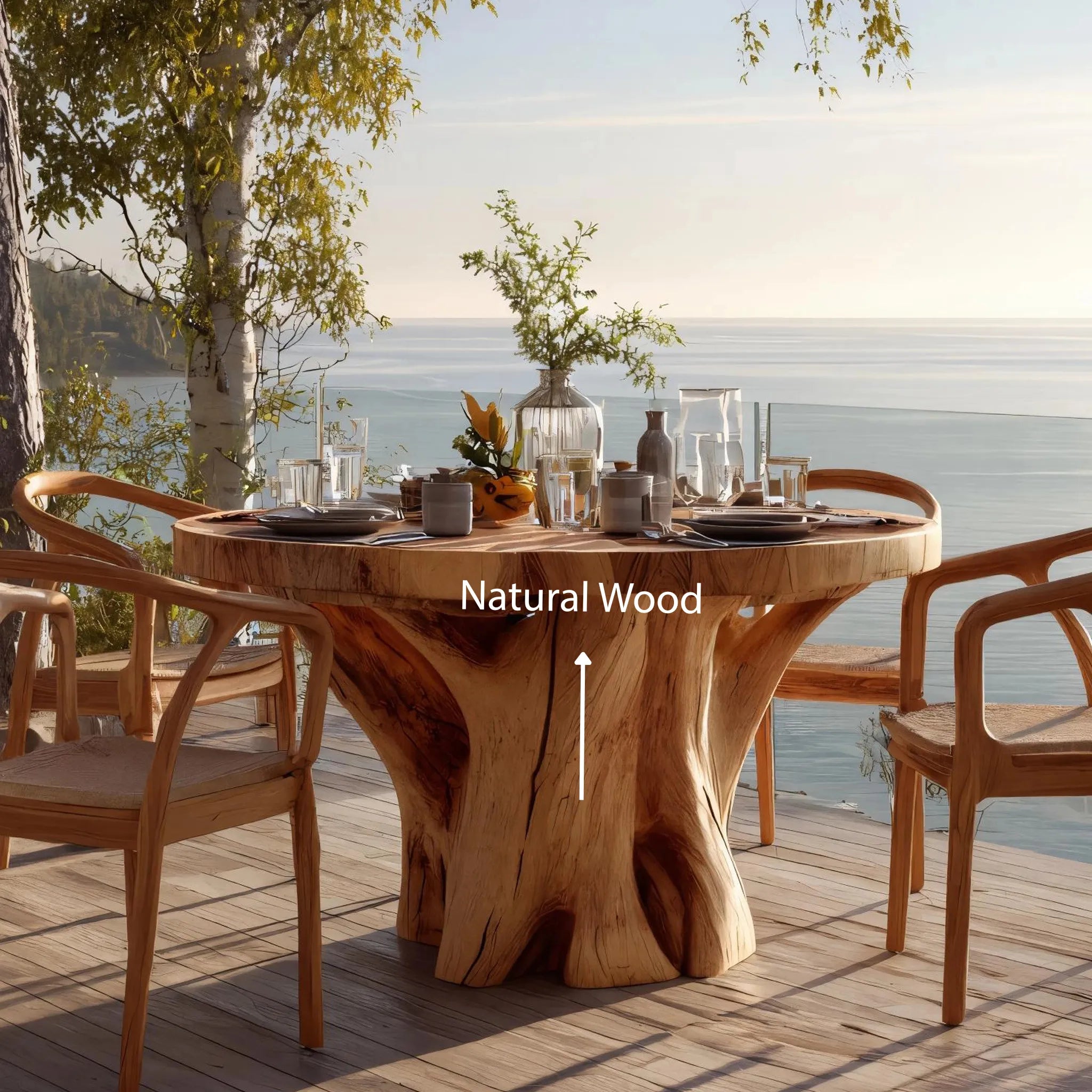 Round Solid Wood Dining Table with Tree-Trunk Base for Coastal Living