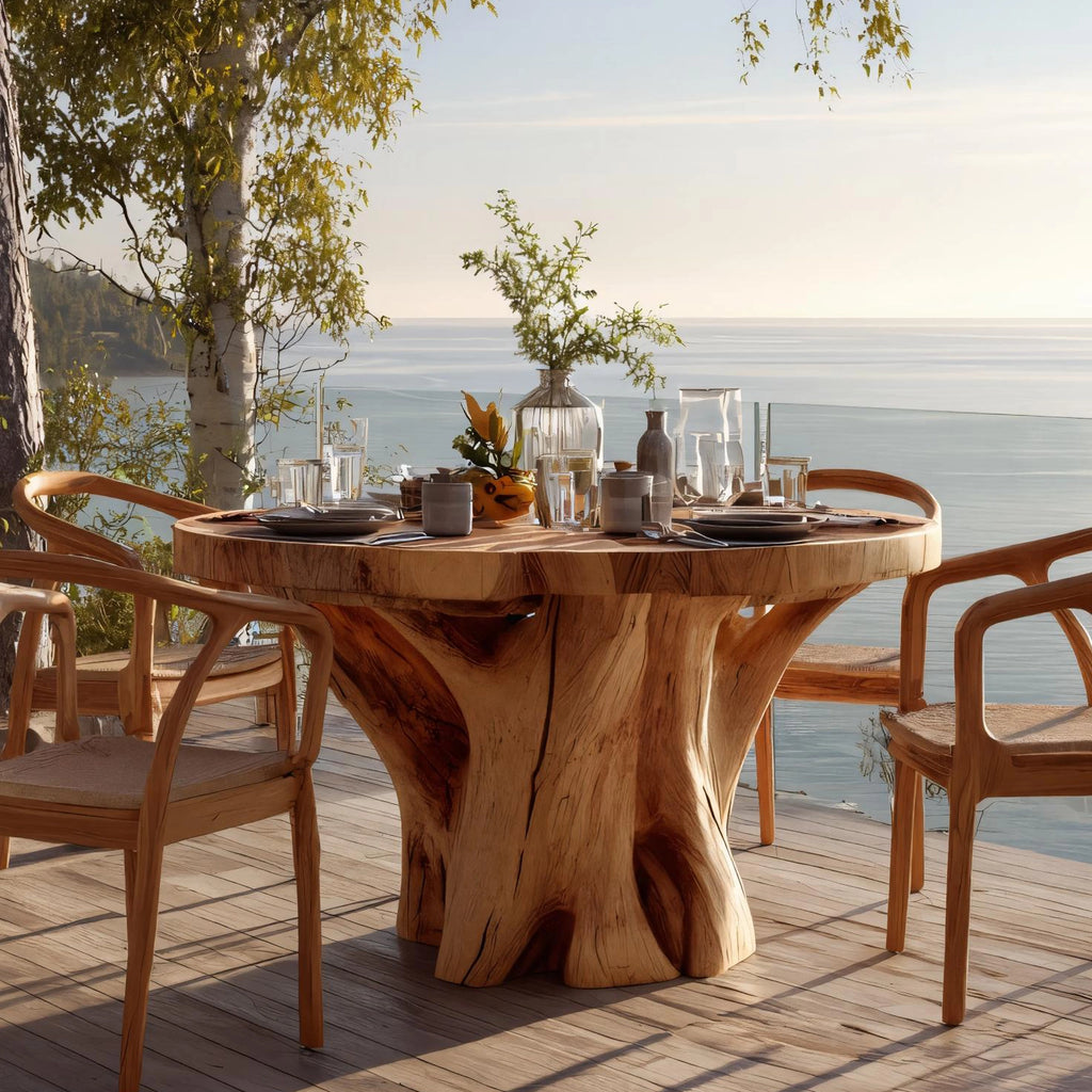 Round Solid Wood Dining Table with Tree-Trunk Base for Coastal Living