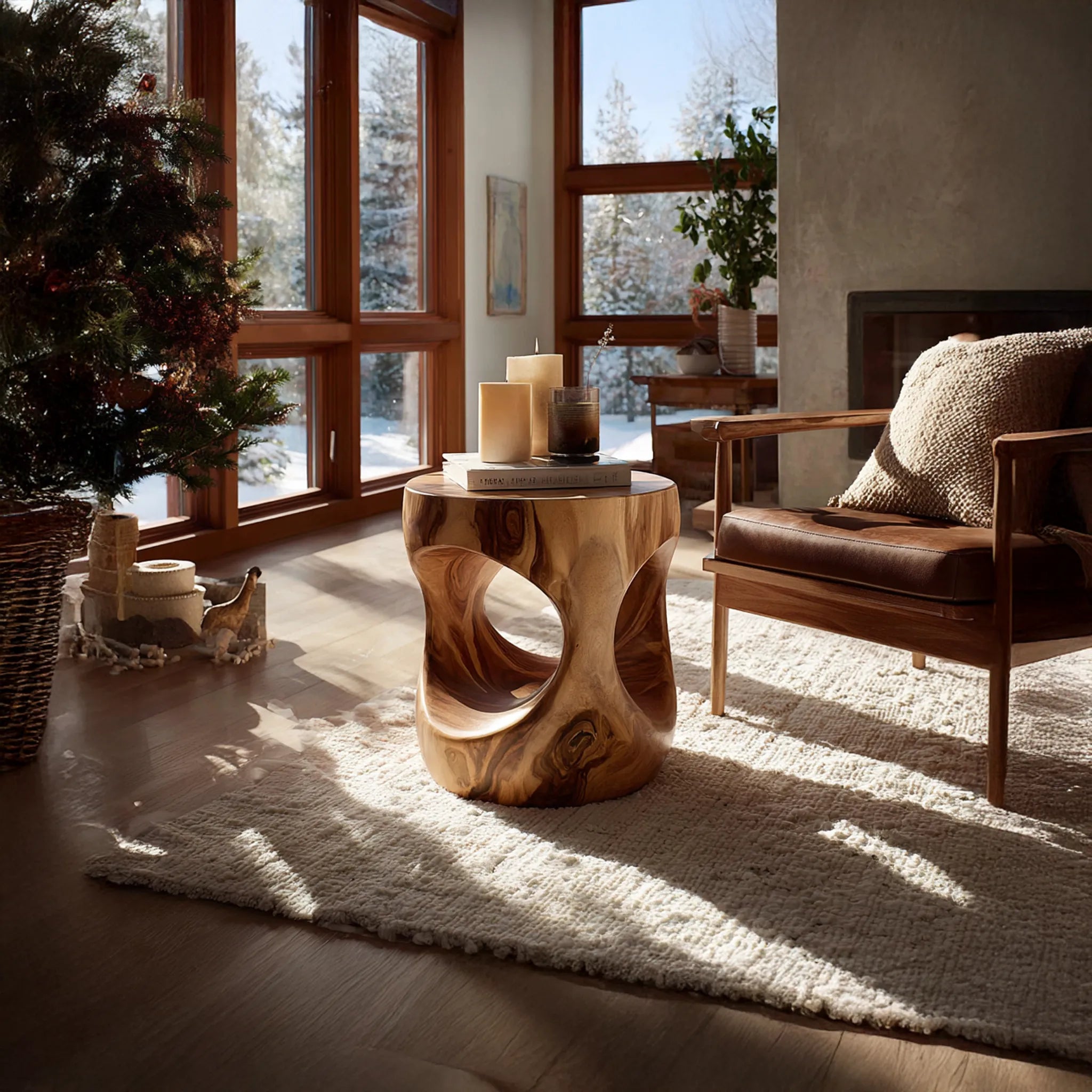Sculptural Solid Wood Drum Side Table with Organic Cut-Outs