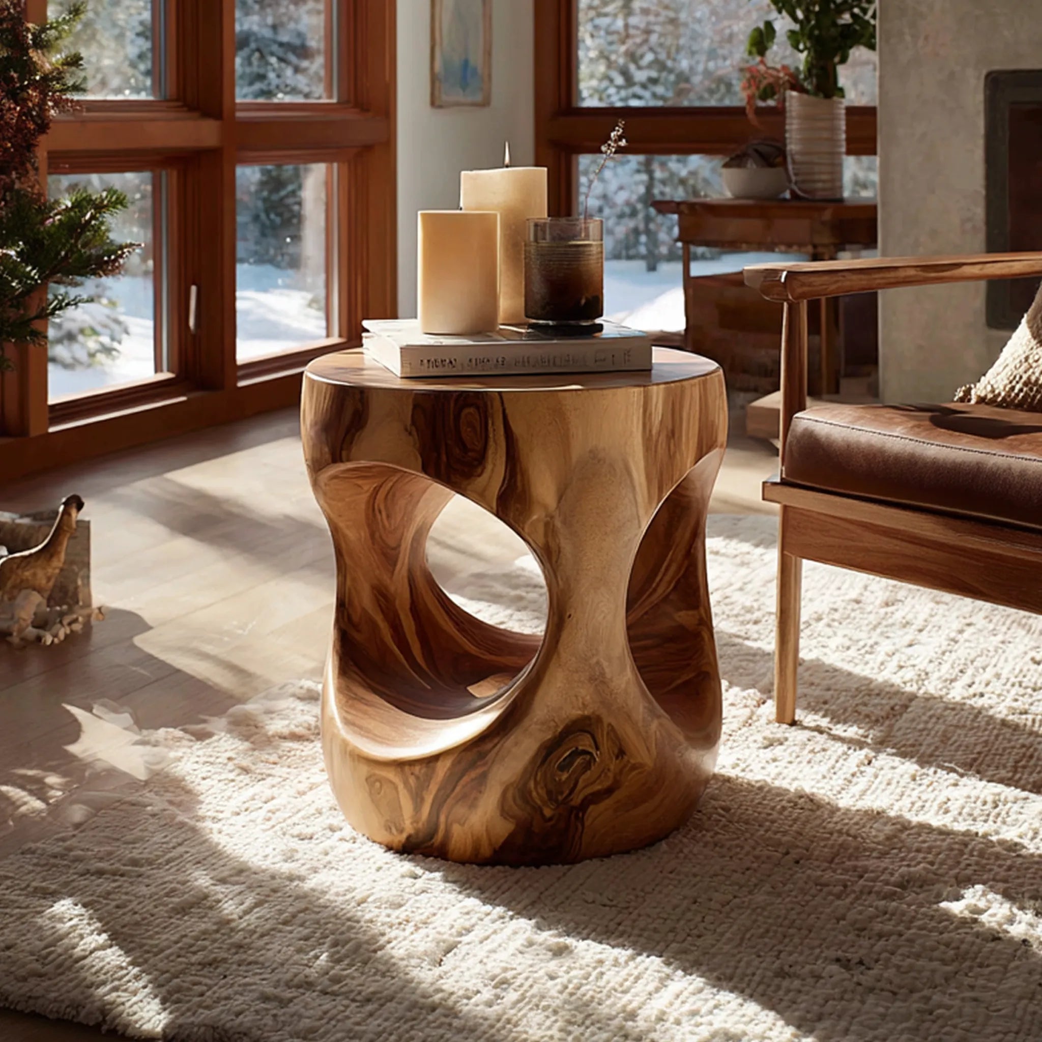 Sculptural Solid Wood Drum Side Table with Organic Cut-Outs