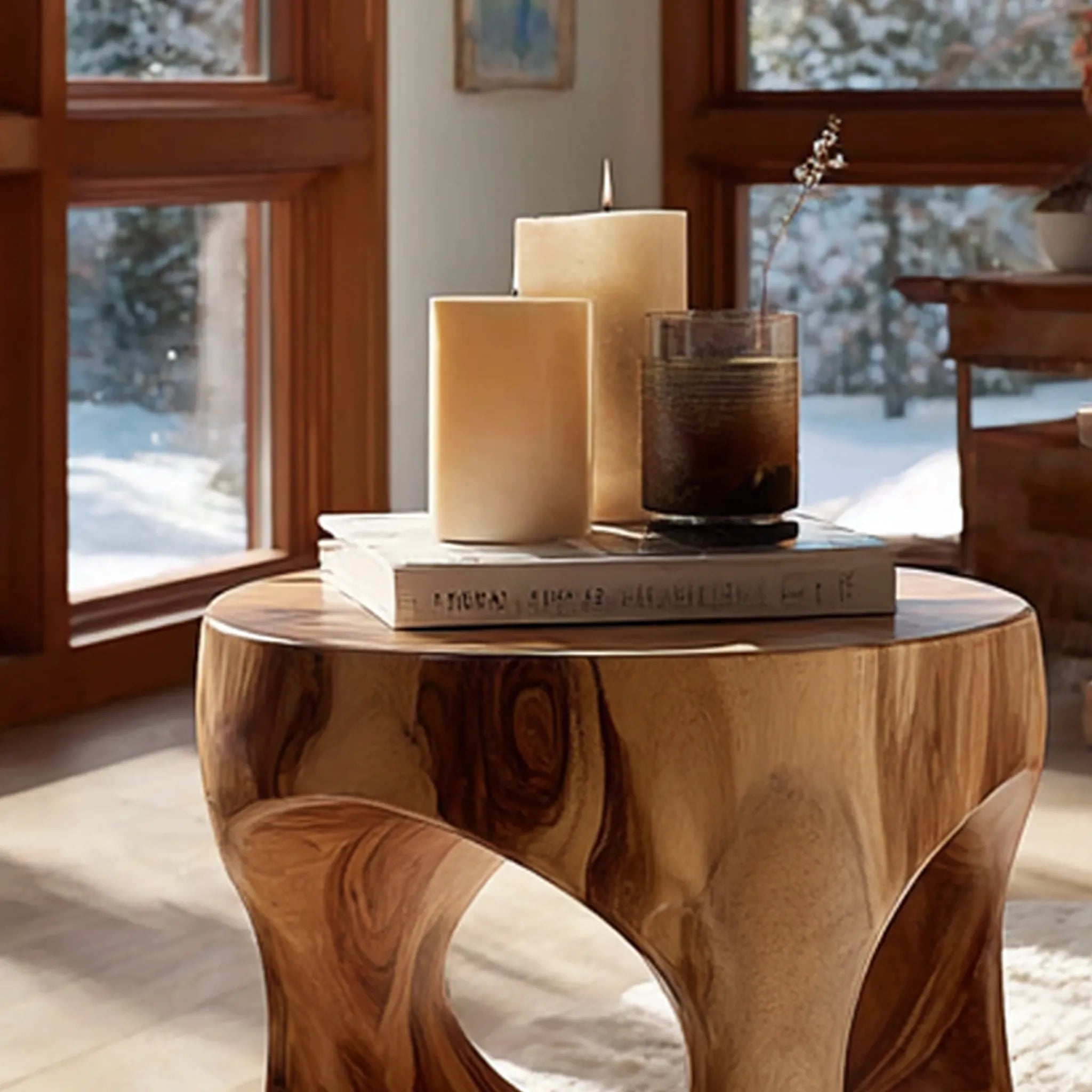Sculptural Solid Wood Drum Side Table with Organic Cut-Outs