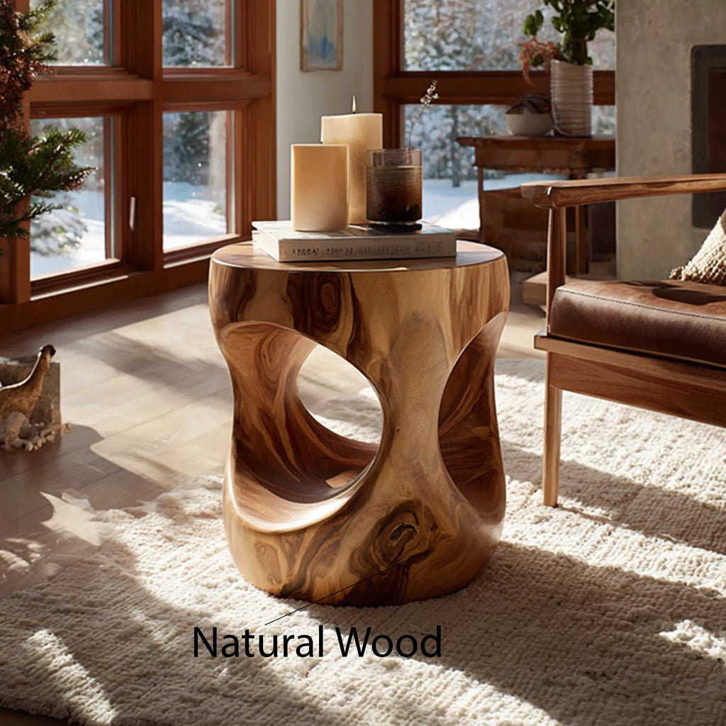 Sculptural Solid Wood Drum Side Table with Organic Cut-Outs