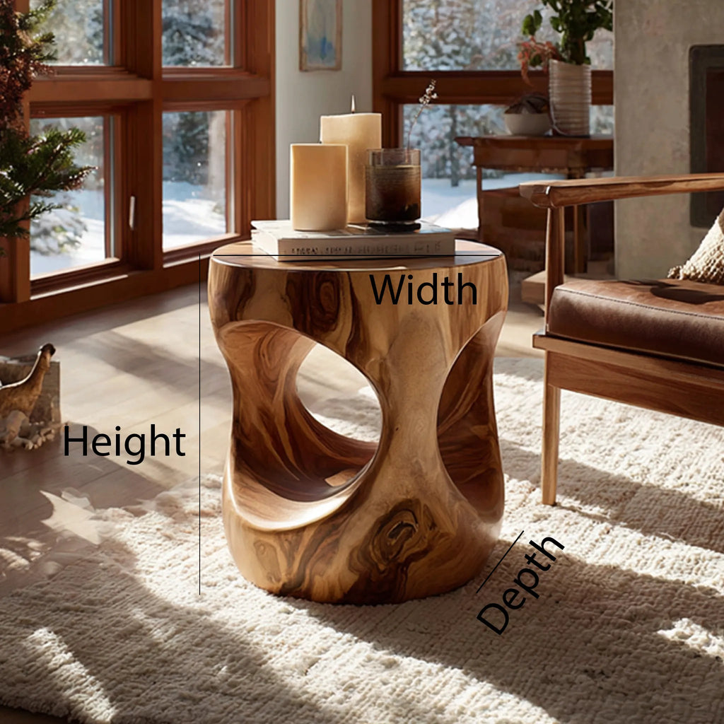 Sculptural Solid Wood Drum Side Table with Organic Cut-Outs