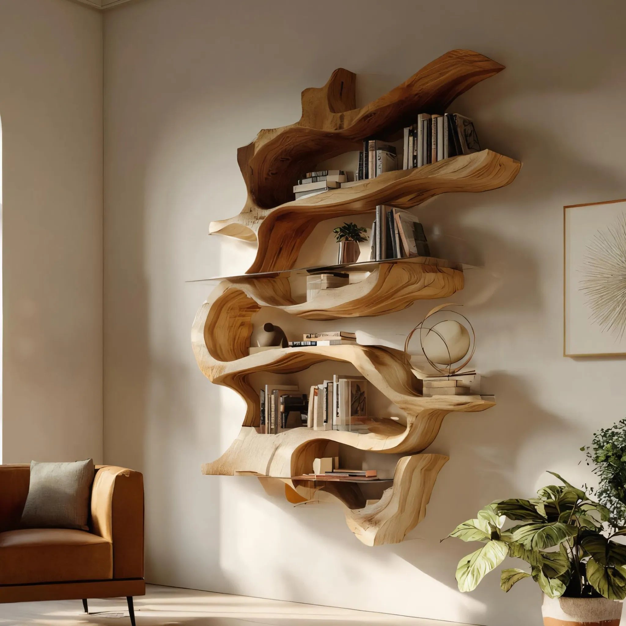 Sculptural Solid Wood Wall Bookshelf for Modern Living