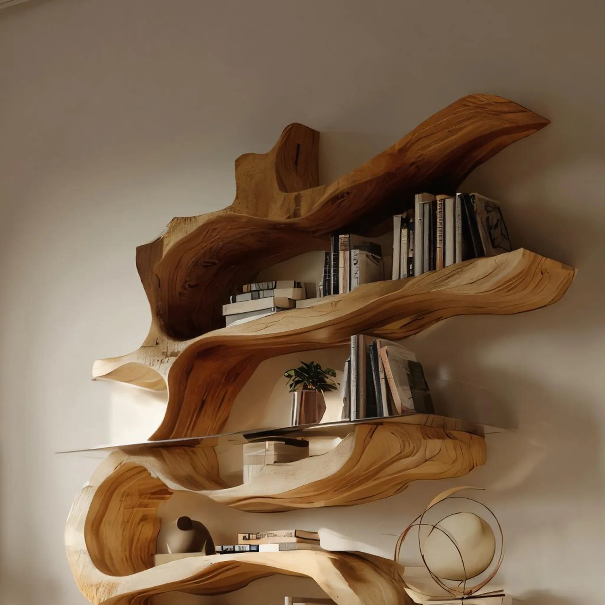 Sculptural Solid Wood Wall Bookshelf for Modern Living