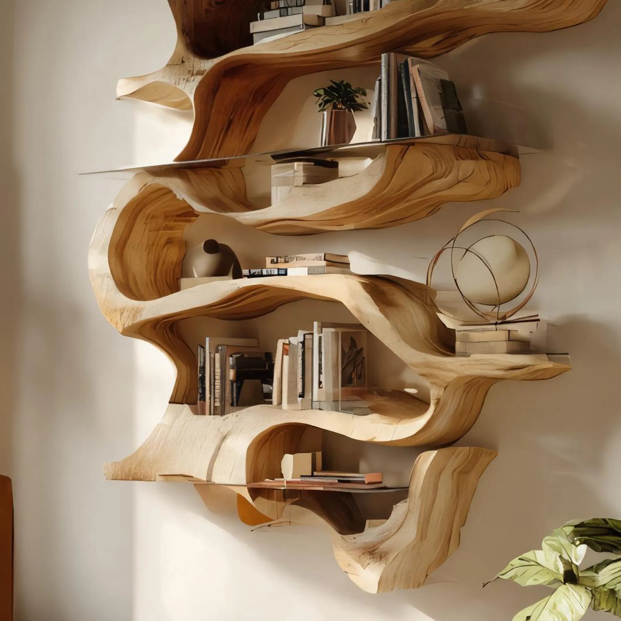 Sculptural Solid Wood Wall Bookshelf for Modern Living