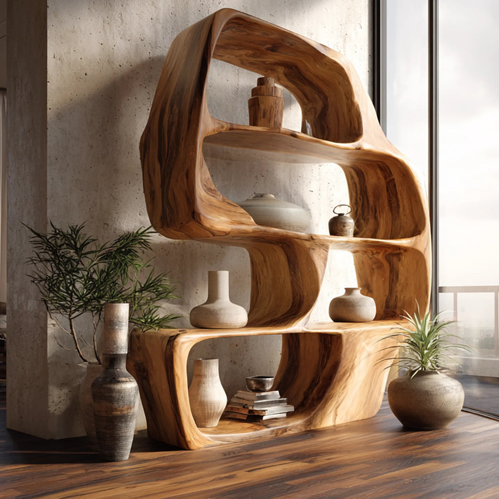 Wave Form Solid Wood Display Shelf for Contemporary Interiors