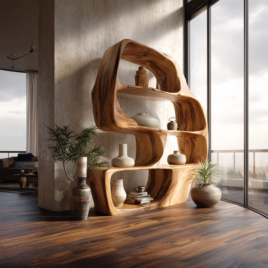 Wave Form Solid Wood Display Shelf for Contemporary Interiors