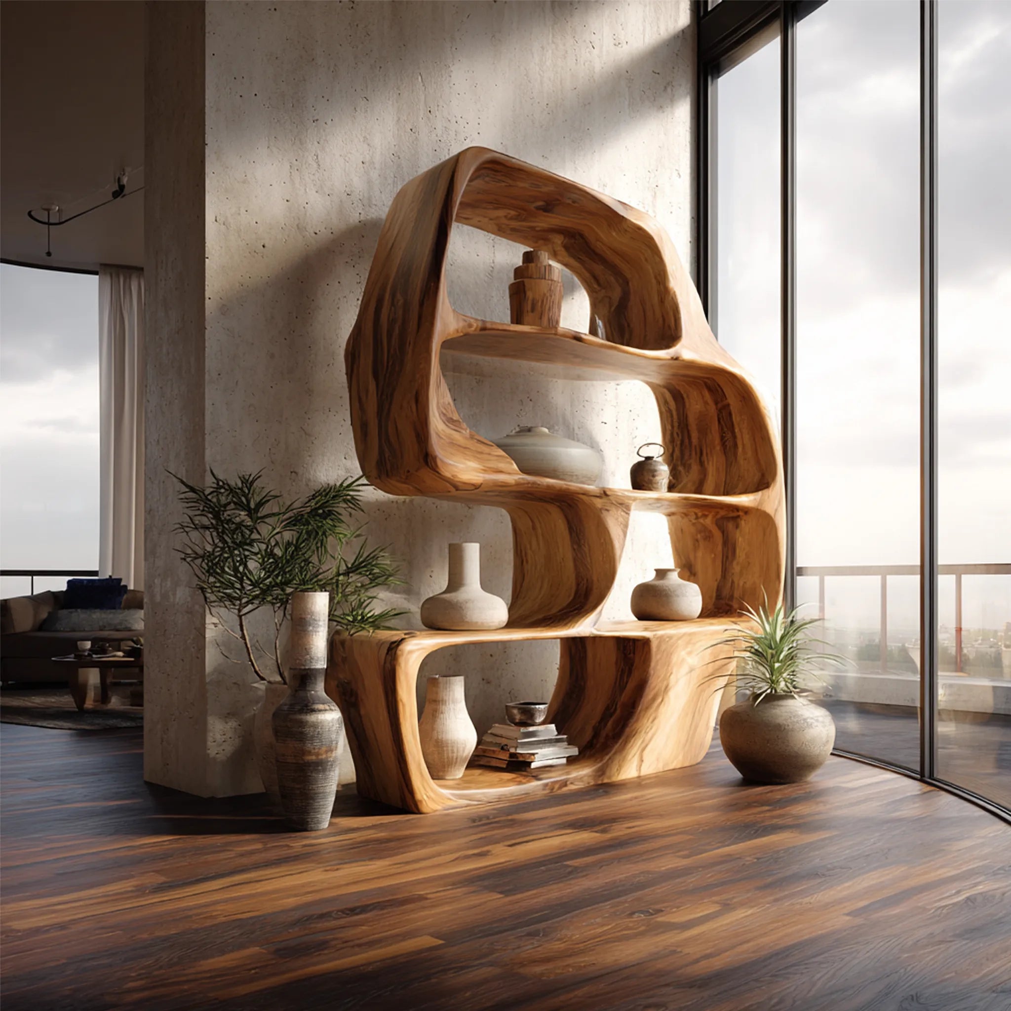 Wave Form Solid Wood Display Shelf for Contemporary Interiors