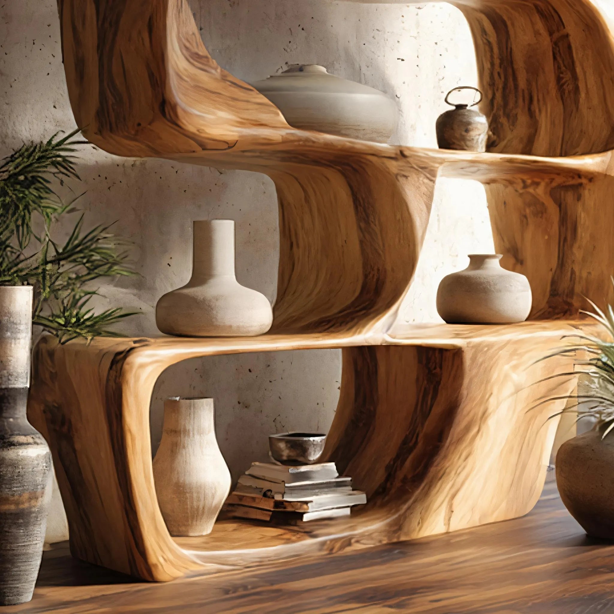Wave Form Solid Wood Display Shelf for Contemporary Interiors