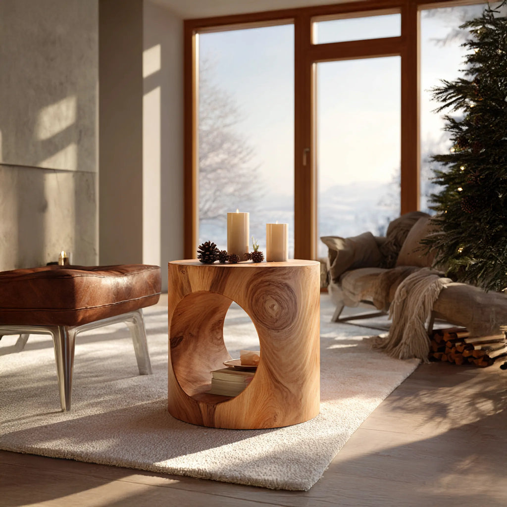 Round Solid Wood Side Table with Cutout Base for Modern Home