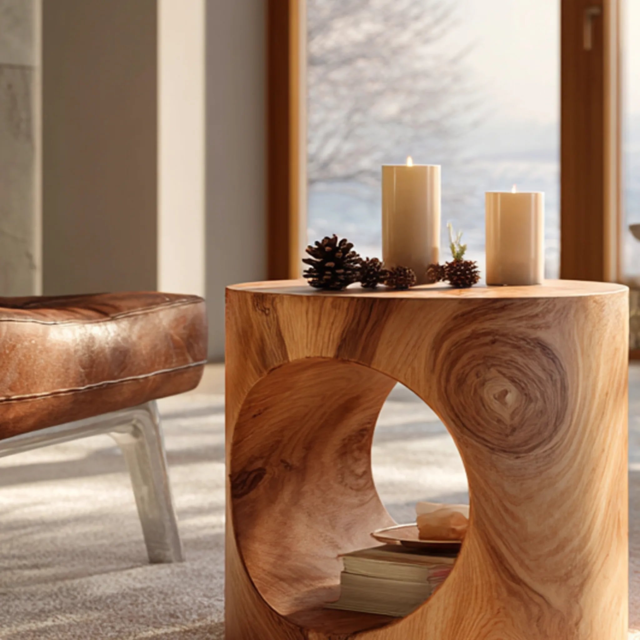 Round Solid Wood Side Table with Cutout Base for Modern Home