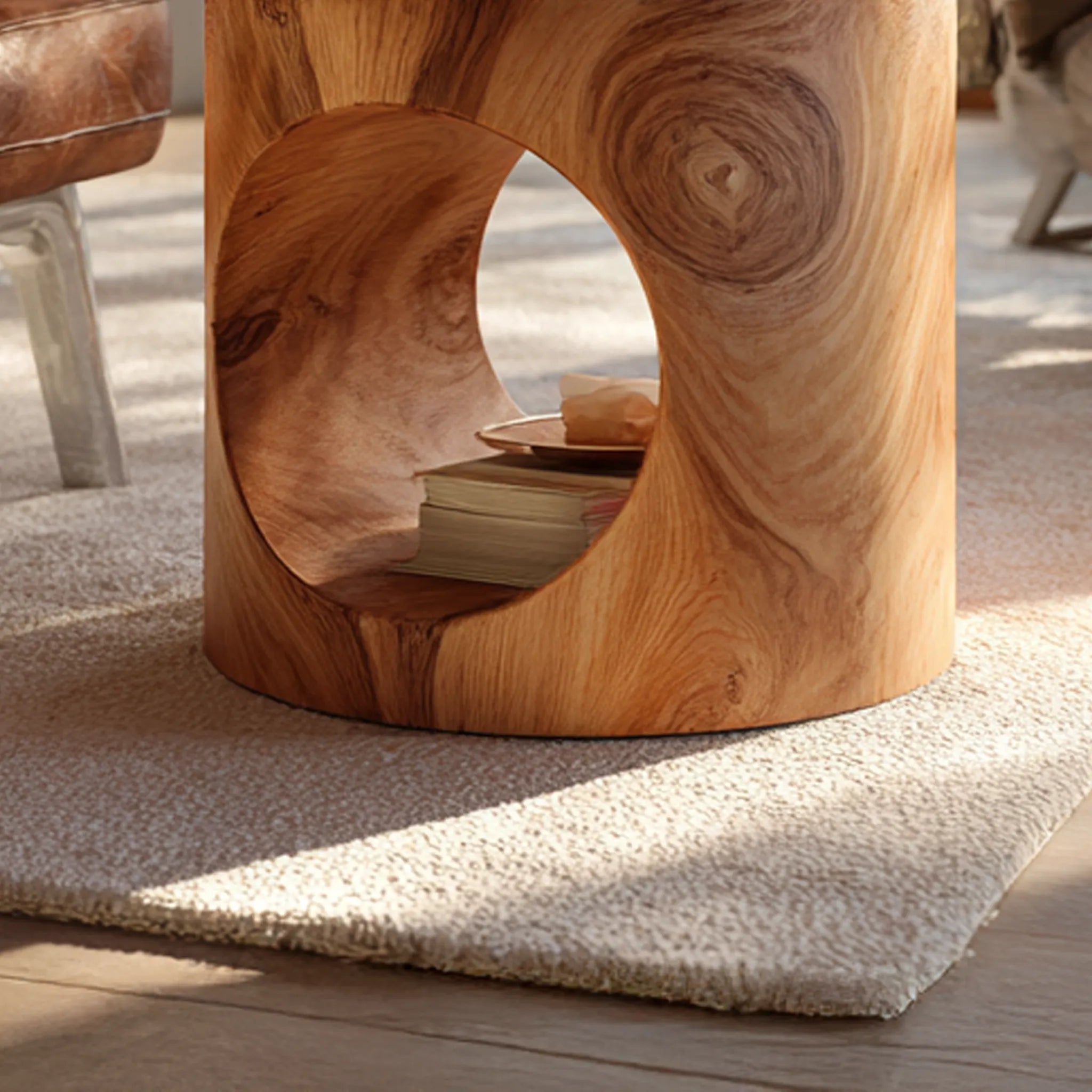 Round Solid Wood Side Table with Cutout Base for Modern Home