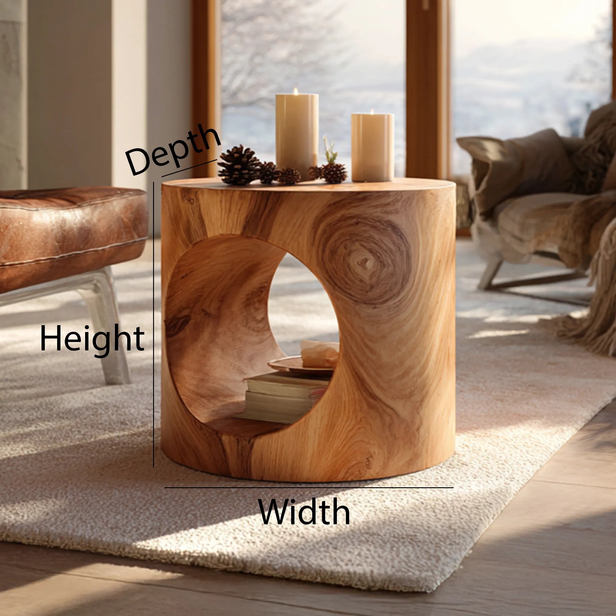 Round Solid Wood Side Table with Cutout Base for Modern Home