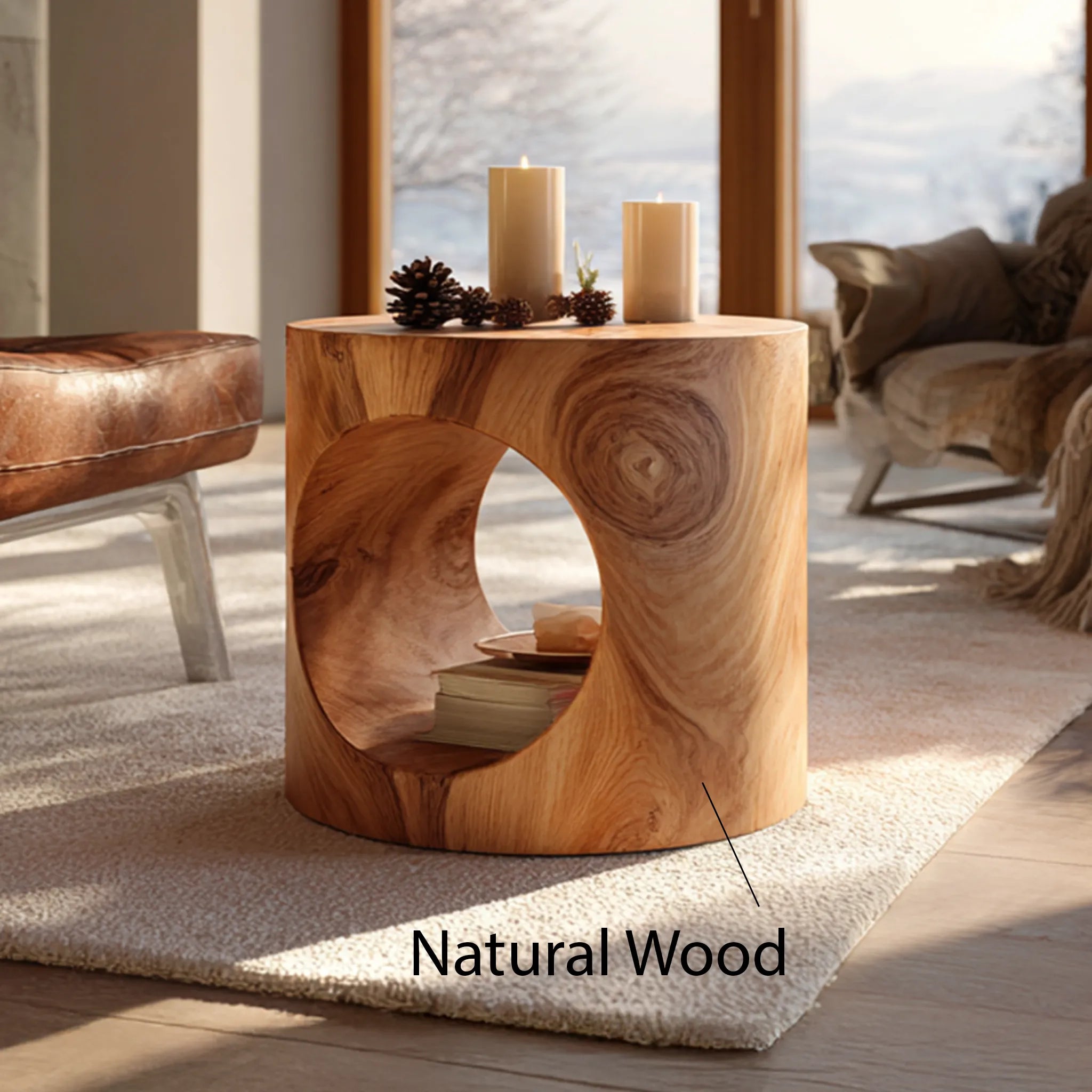 Round Solid Wood Side Table with Cutout Base for Modern Home