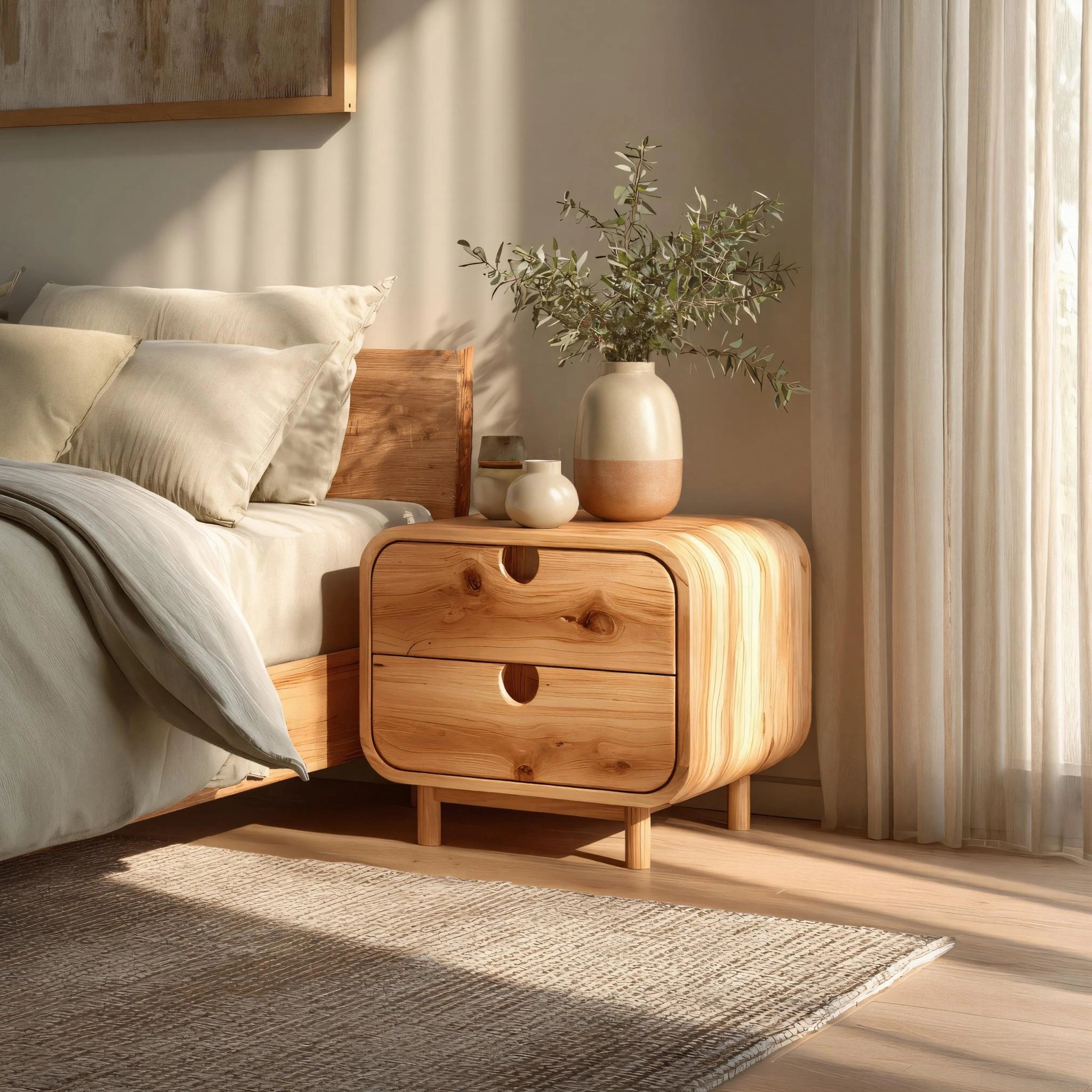 Rounded Solid Wood Nightstand for Contemporary Bedrooms