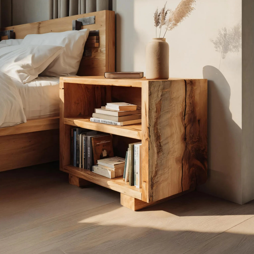 Live-Edge Solid Wood Nightstand with Open Shelves