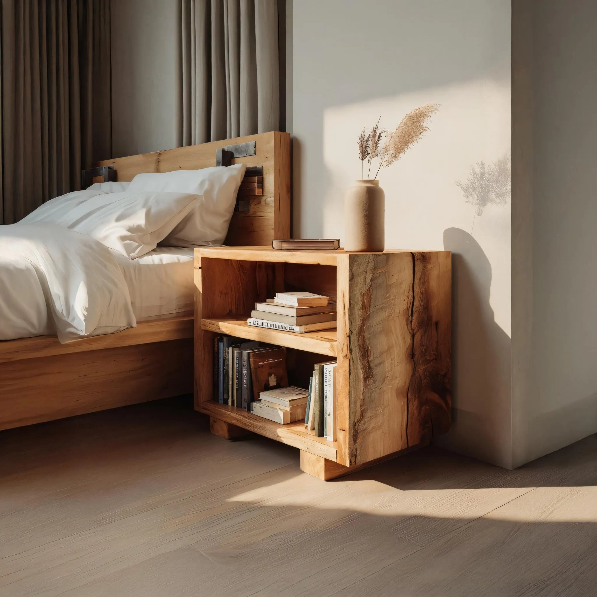 Live-Edge Solid Wood Nightstand with Open Shelves