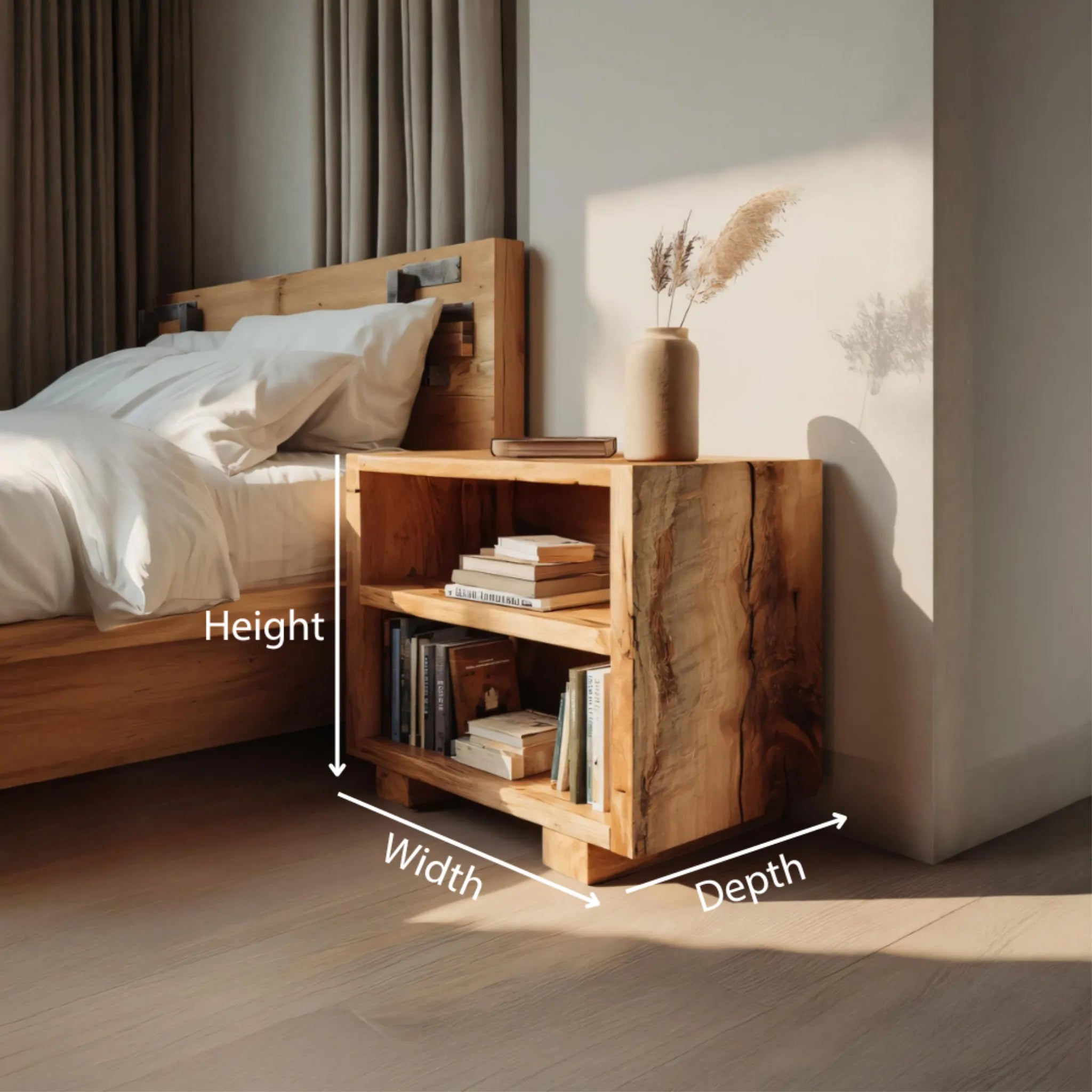 Live-Edge Solid Wood Nightstand with Open Shelves